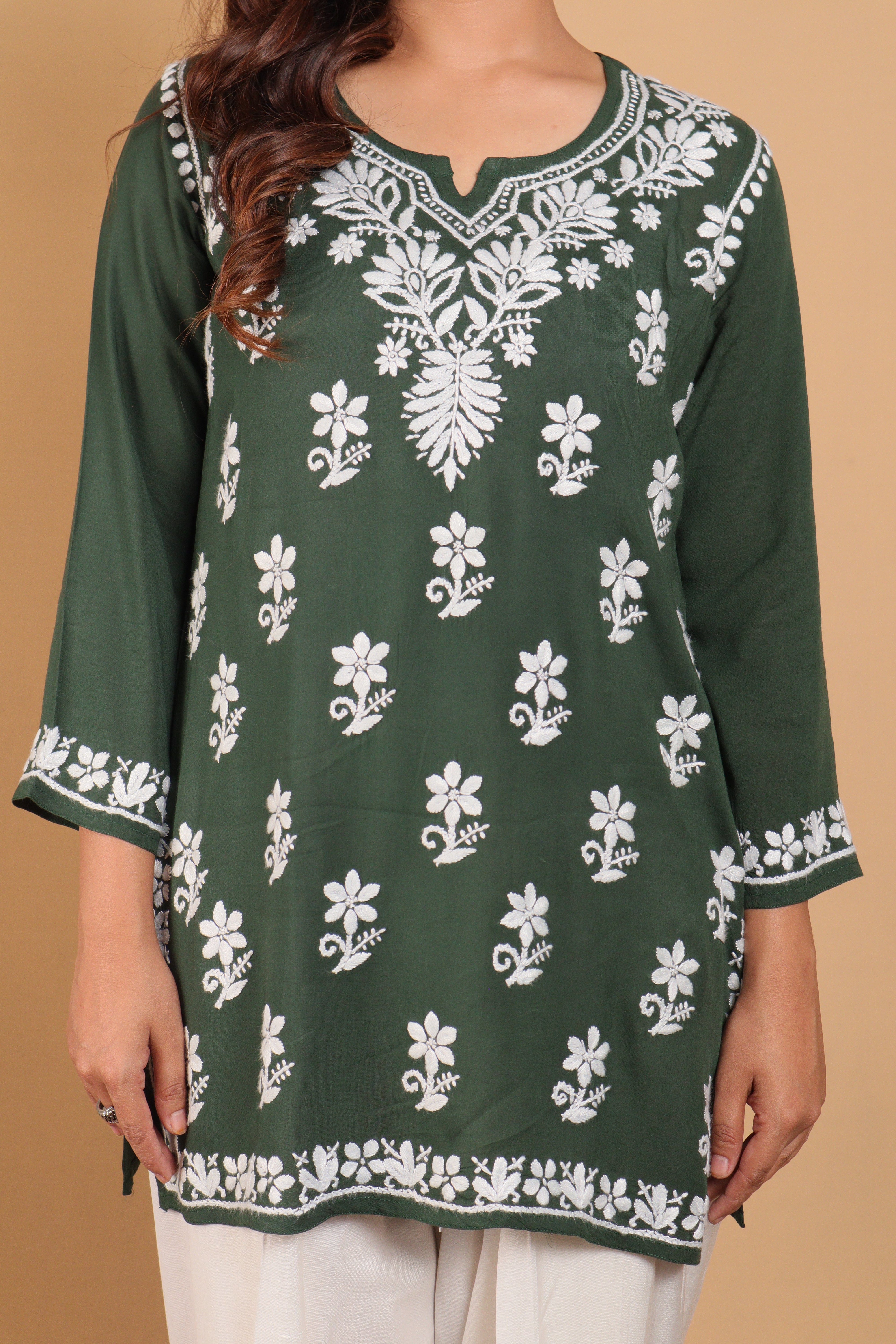 Dark Green Rayon Short Kurta Gala Boota