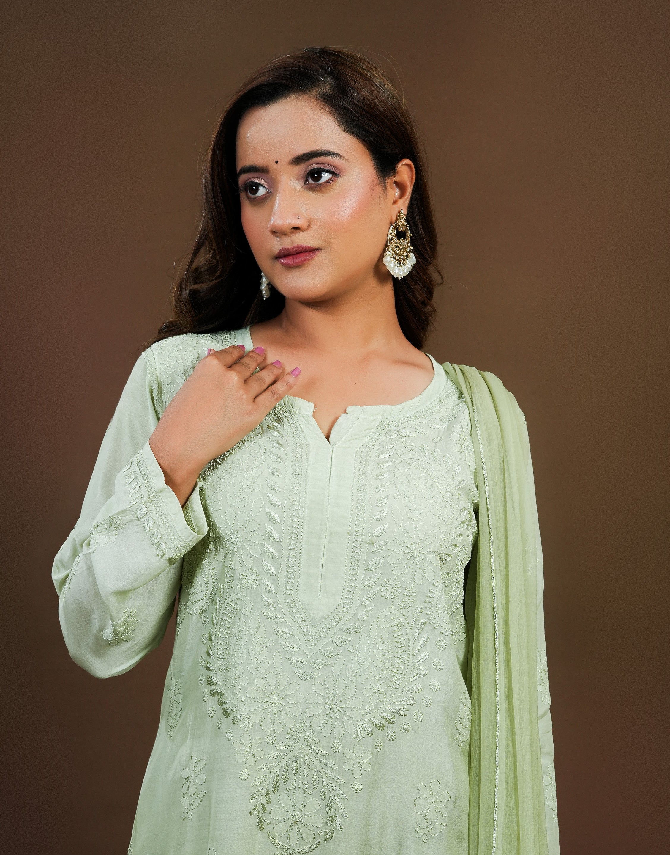 Urviya Chikankari Muslin 3 piece set - Bakhiya Ghaaspatti Work and Gala Boota Green