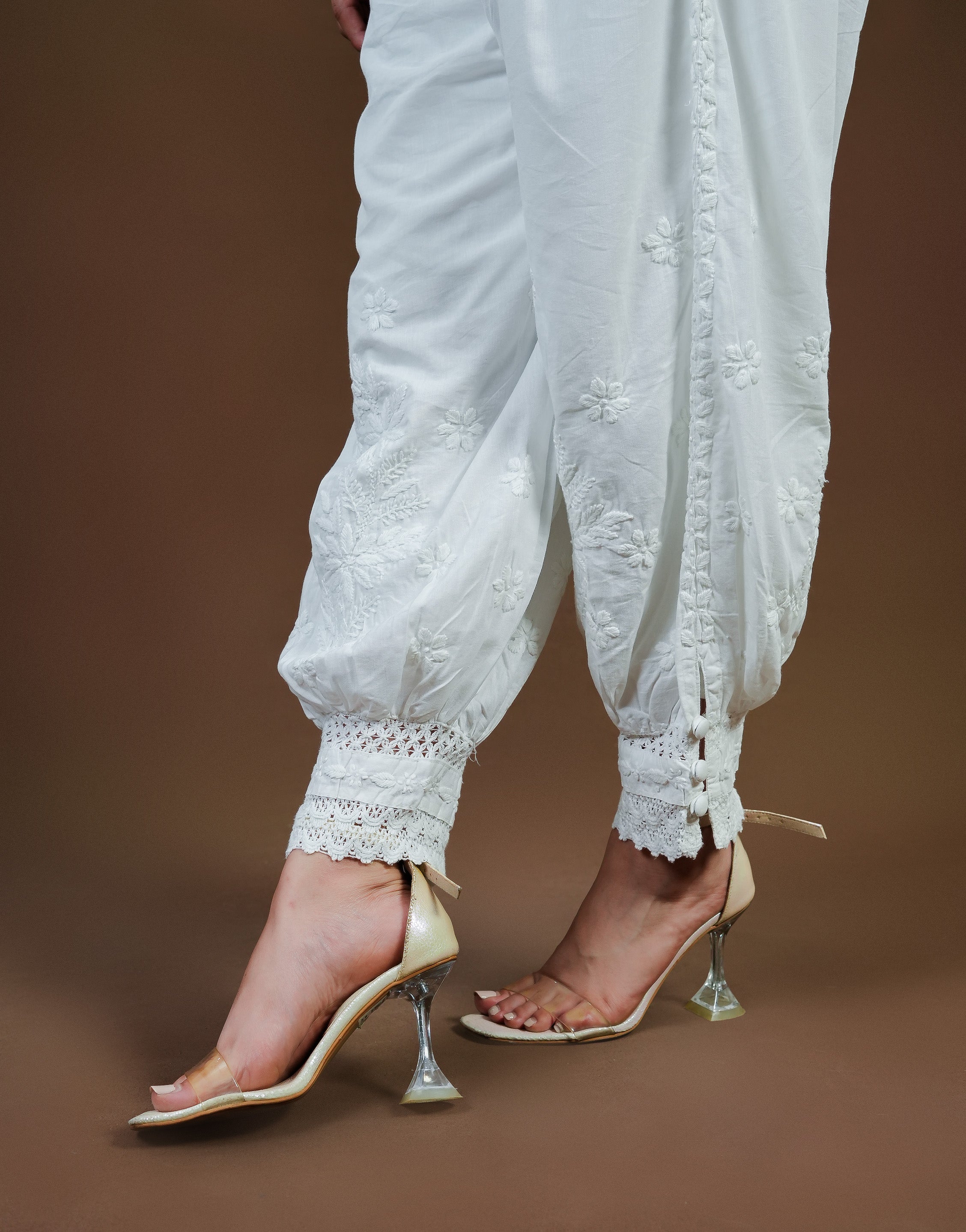 Urviya Chikankari Cotton Bottoms - White Afghani