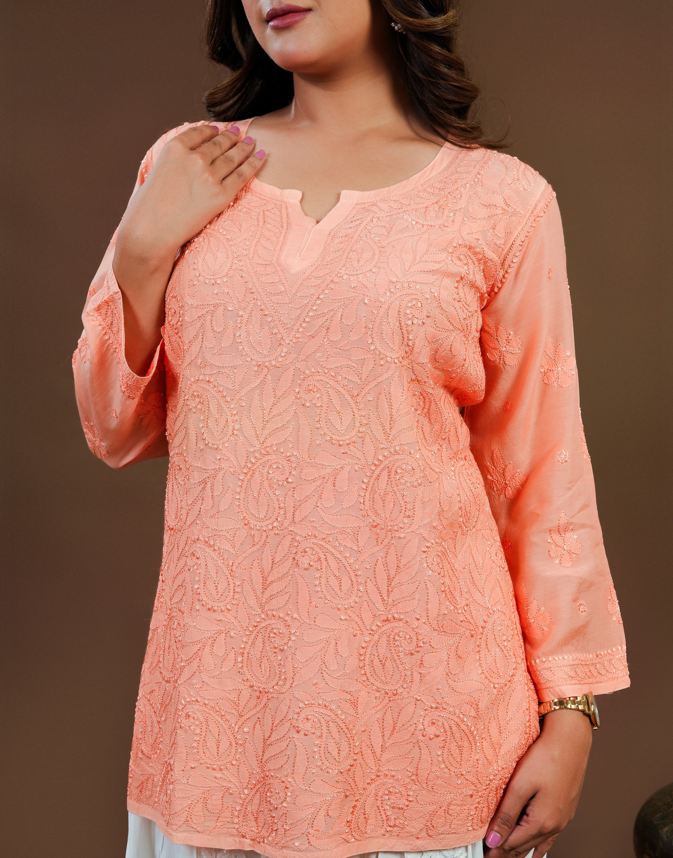 Chikankari Muslin Short Kurti Full Jaal - Peach