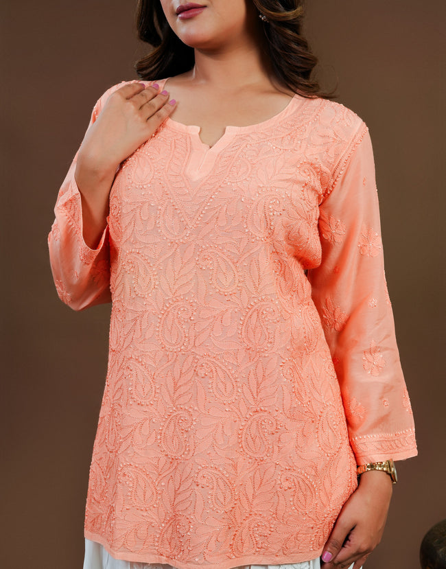 Urviya Chikankari Muslin Short Kurti - Silk Thread Full Jaal Work Peach