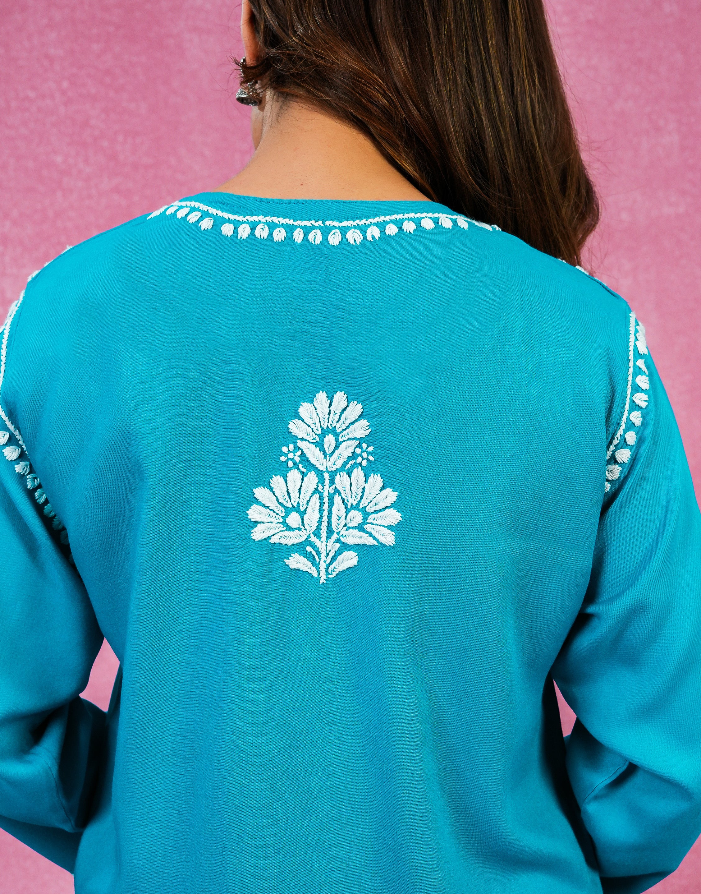 Chikankari Rayon Short Kurti - Blue