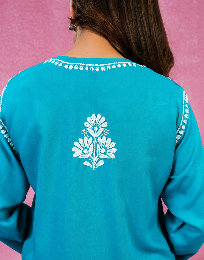 Urviya Chikankari Rayon Short Kurti Blue