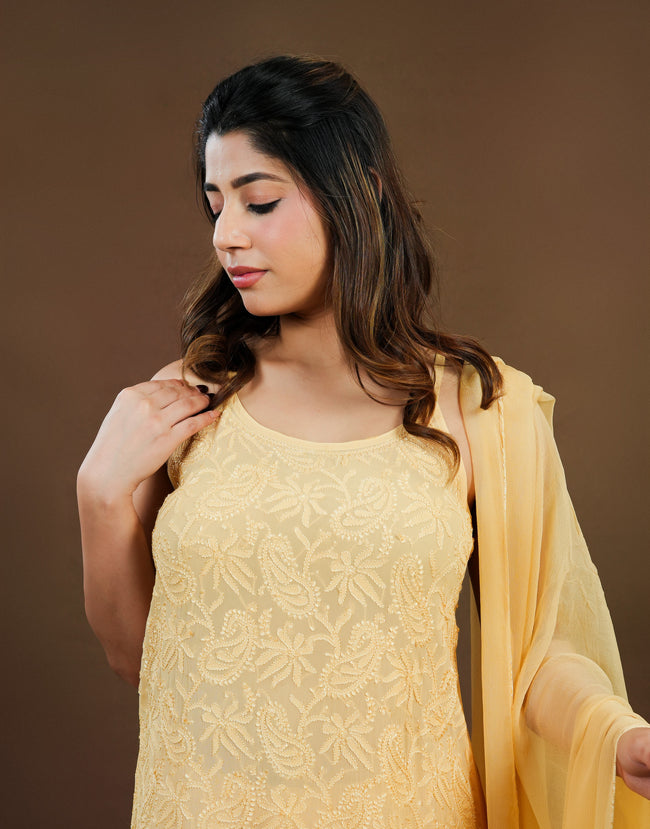 Urviya Chikankari Georgette 3 piece set - Long Spaghetti Yellow