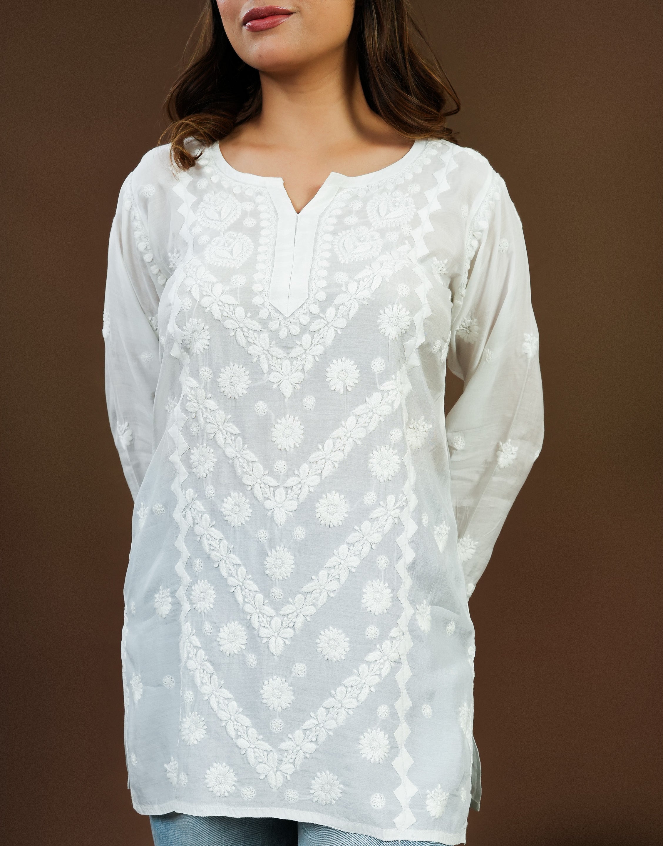 Chikankari Muslin Daraj Short Kurti - White