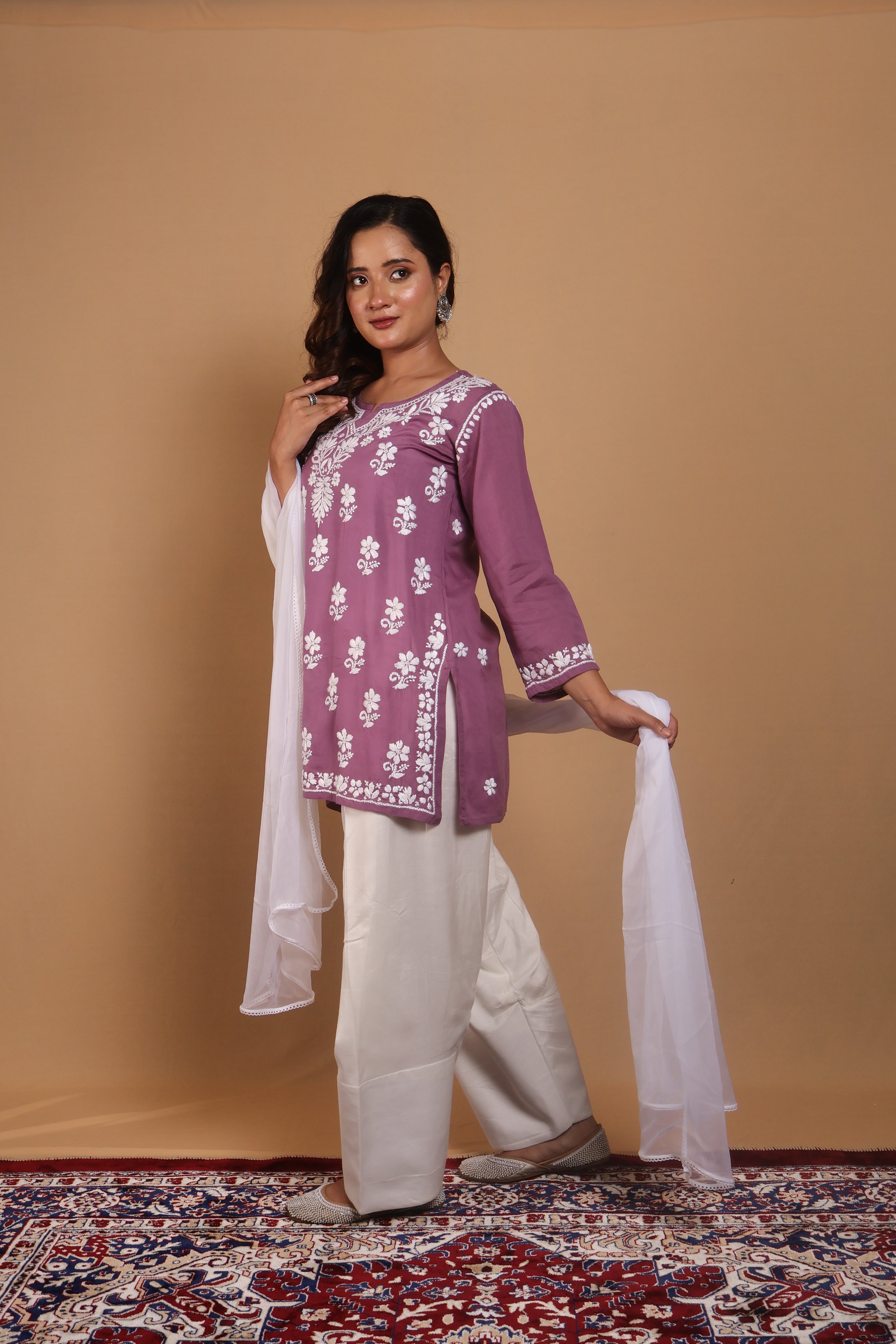 Purple Rayon Short Kurta Gala Boota