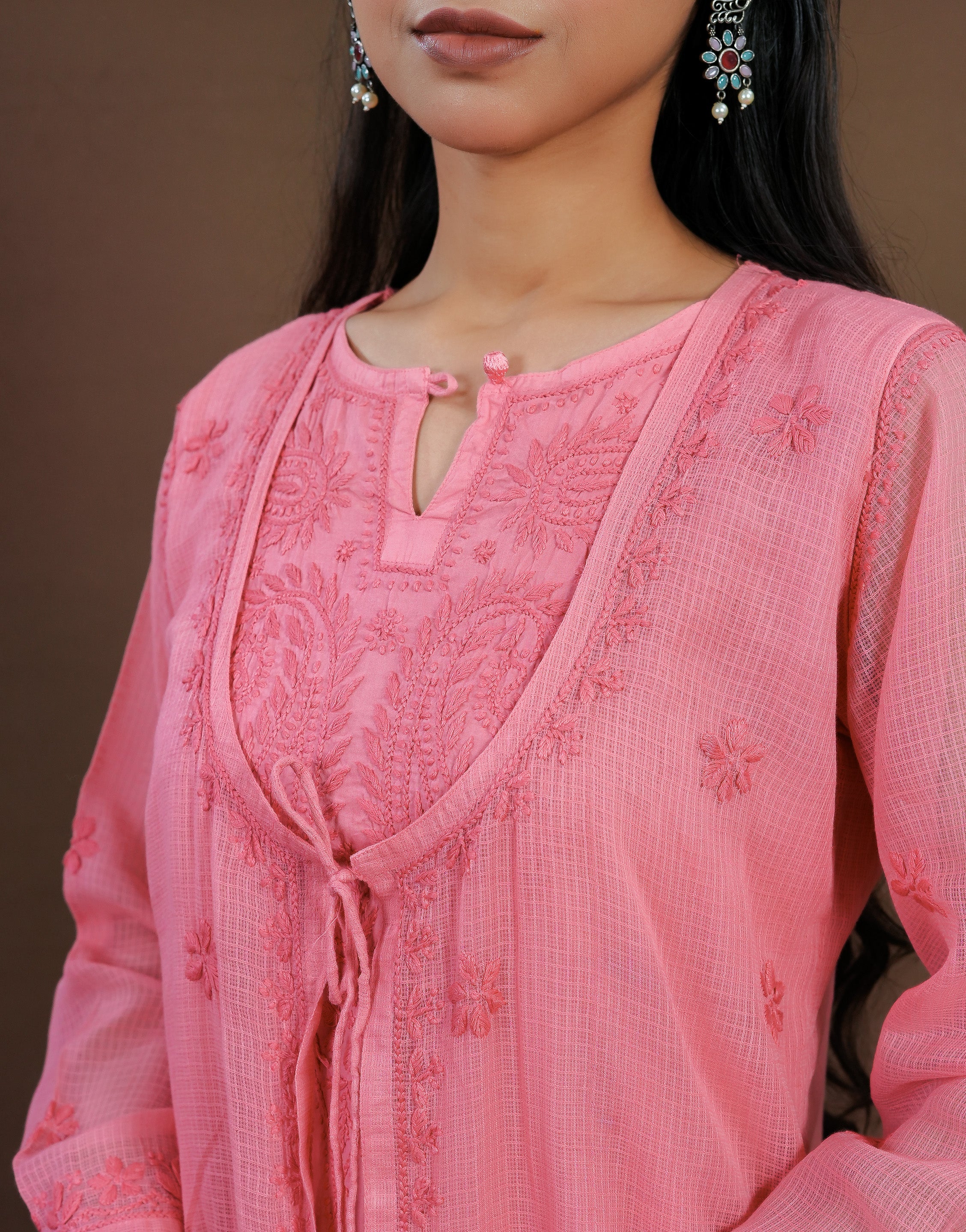 Urviya Chikankari Kota Doria Long Kurti - Shrug Style Pink