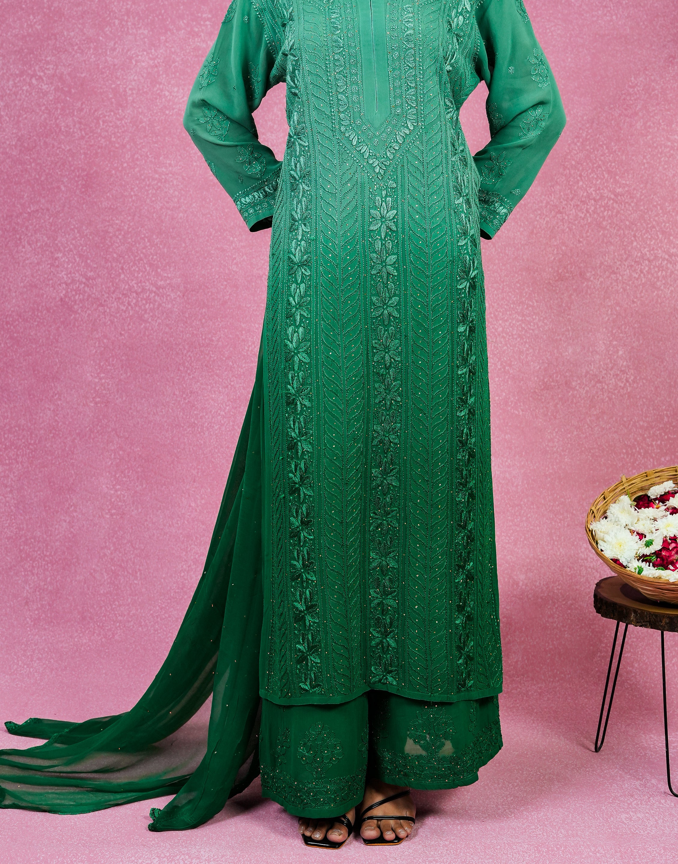 Urviya Chikankari Georgette 3 Piece set with Mukaish Work Green