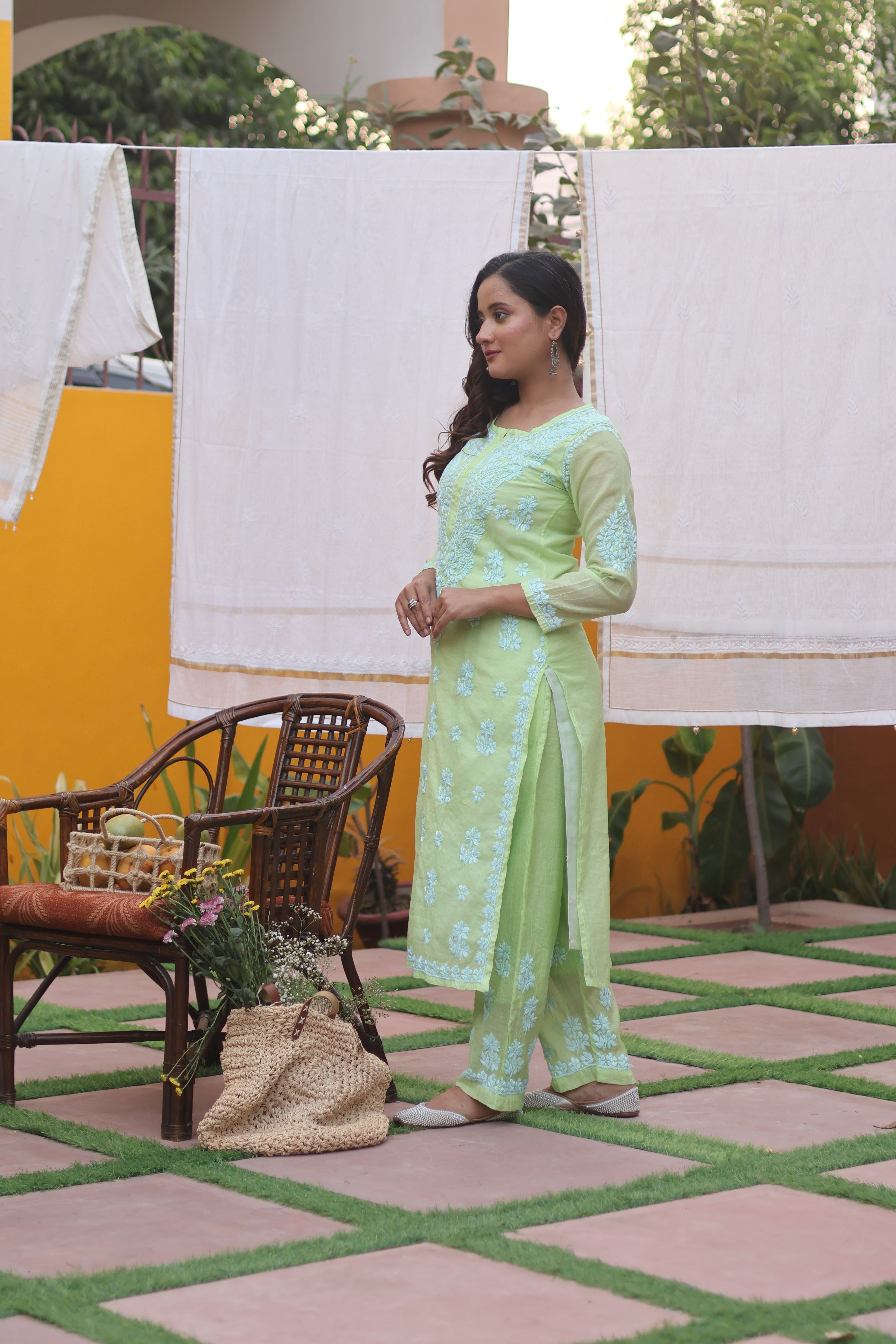 Green Mul Chanderi Ghaspatti 3 Piece Set