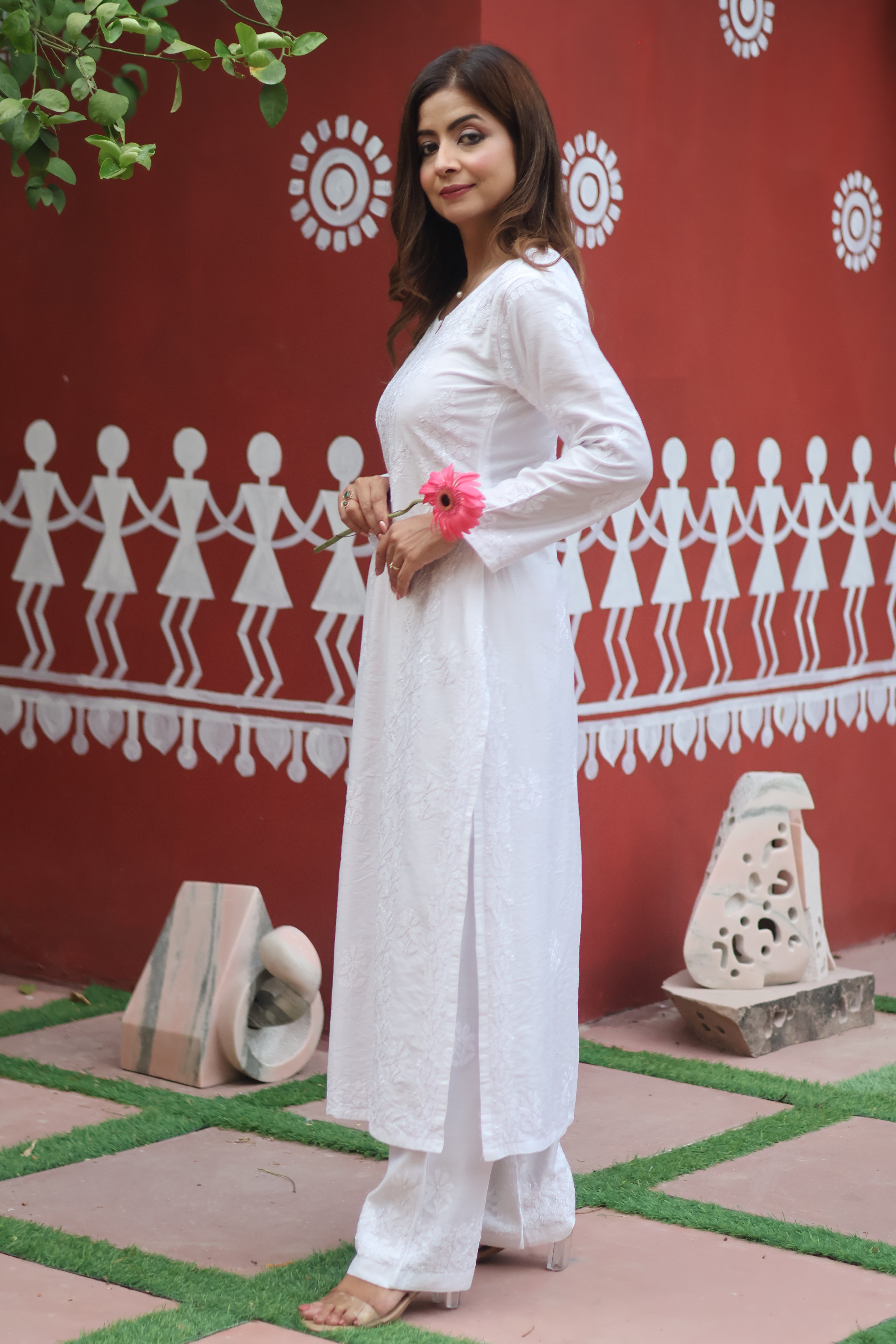 White Chanderi Bakhiya 3 Piece Set