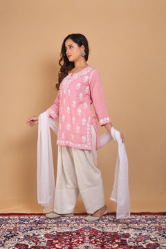 Peach Modal Short Kurta Gala Boota 3 Piece Set