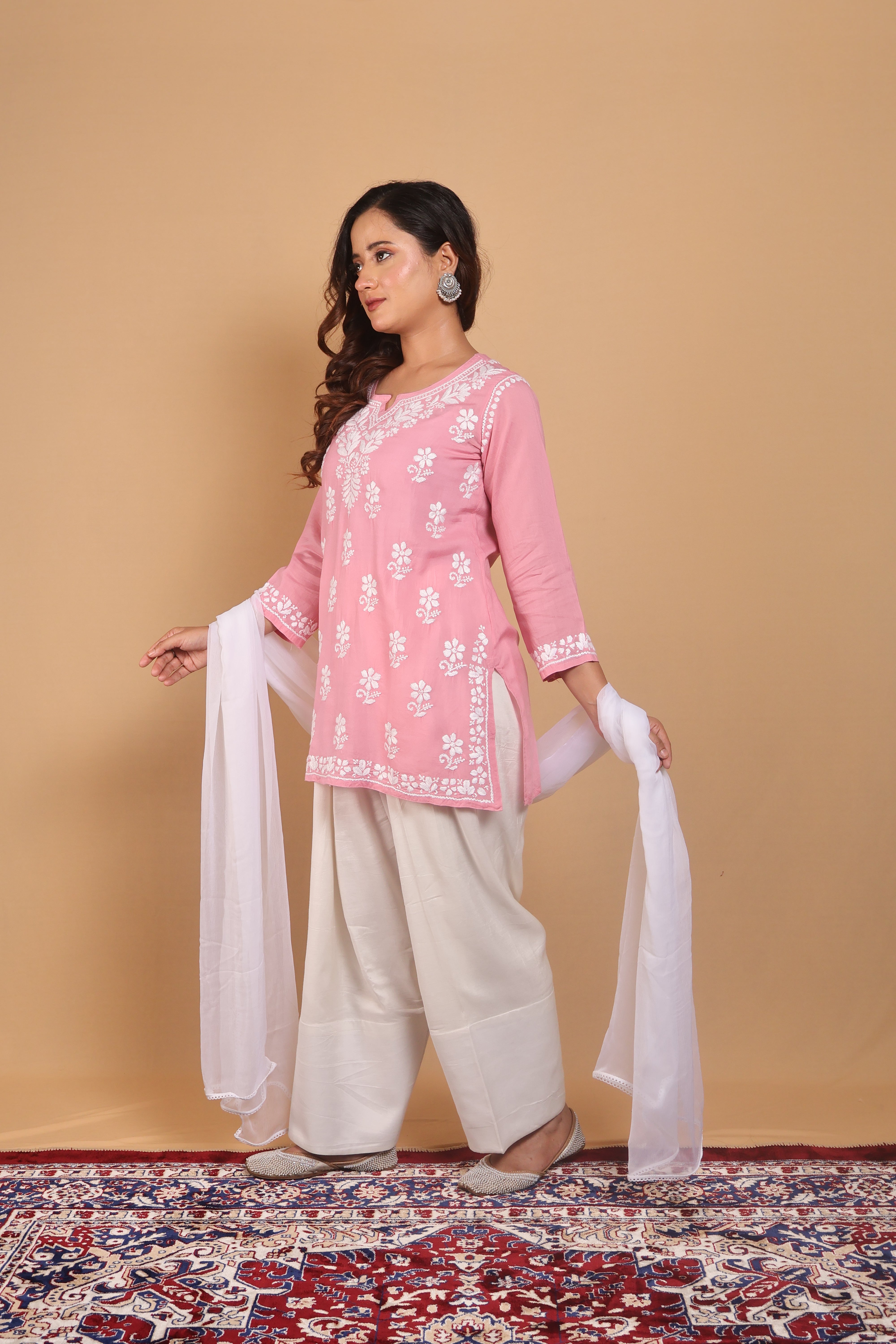 Peach Rayon Short Kurta Gala Boota 3 Piece Set