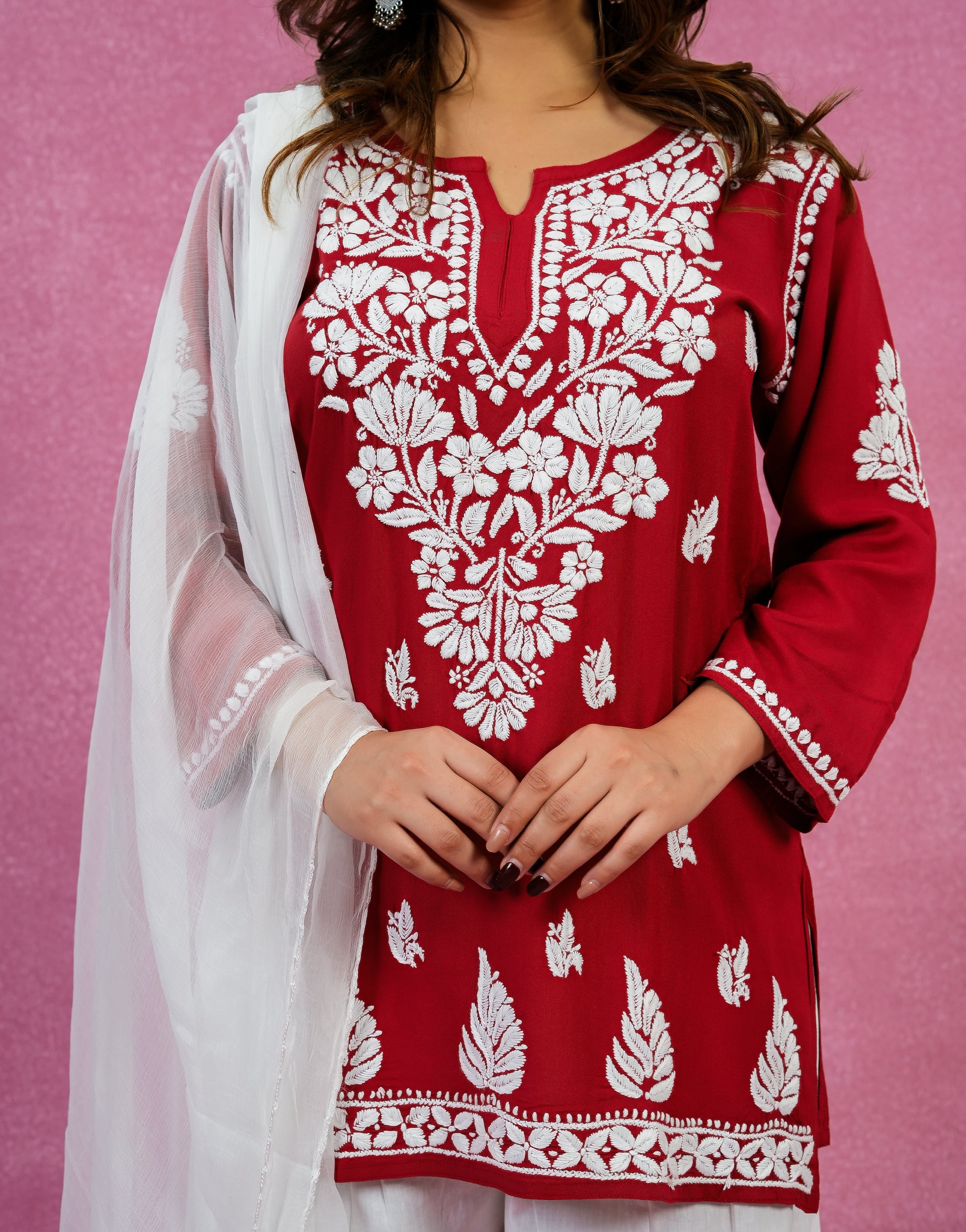 Chikankari Rayon Short Kurti - Red
