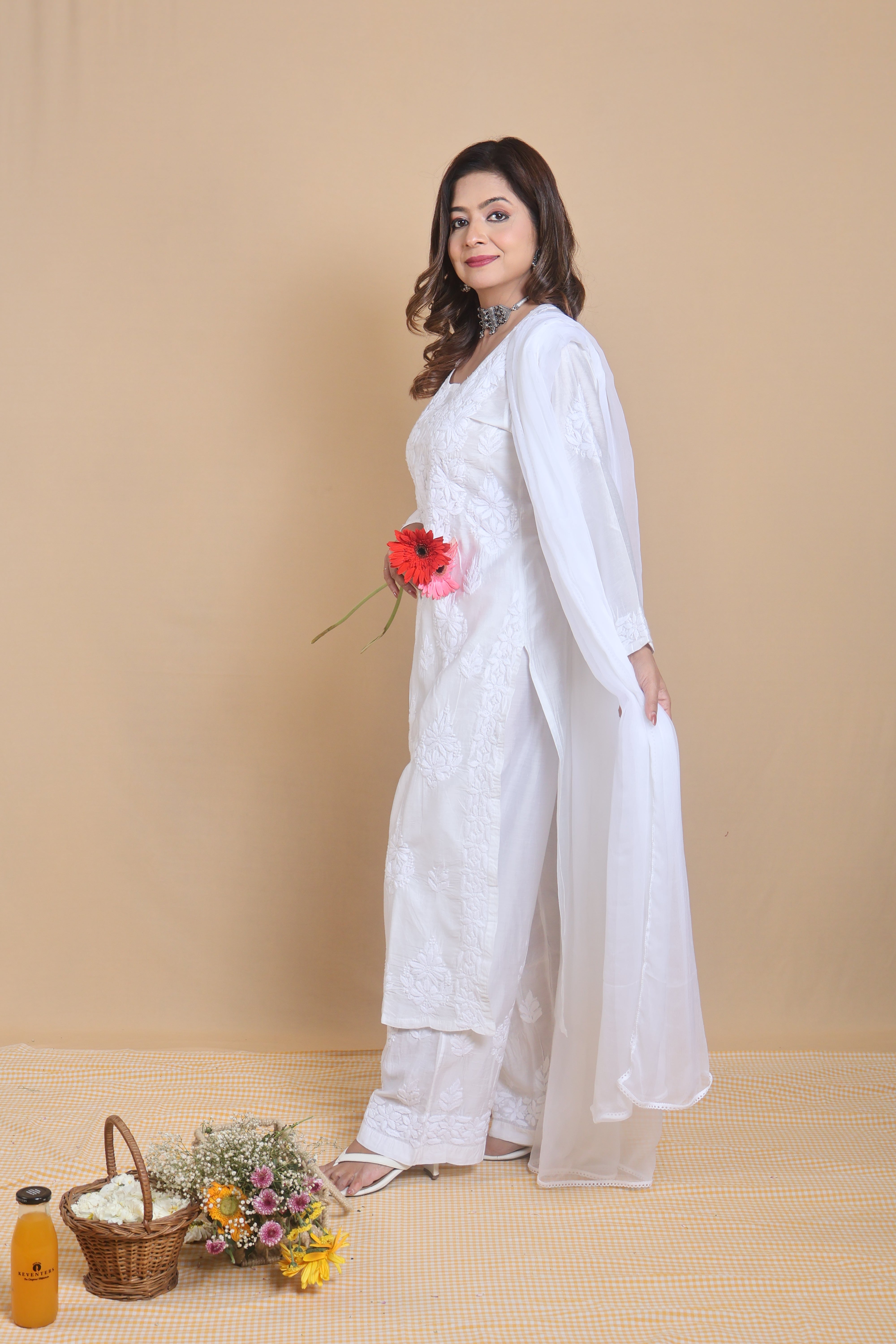 White Chanderi Ghaspatti 3 Piece Set