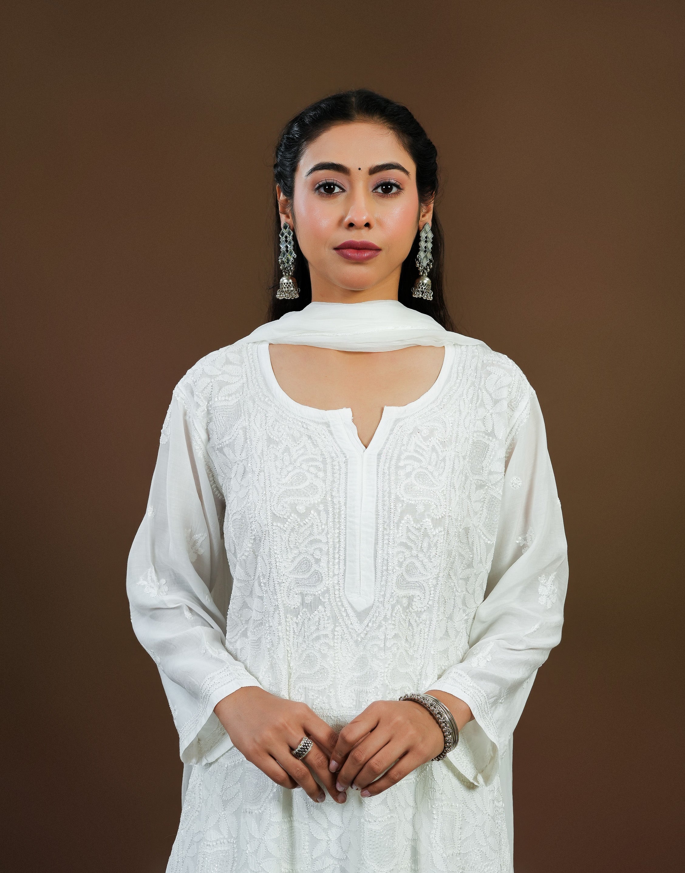 Urviya Chikankari Long Kurti Muslin White - Cutdaana & Jaal Work