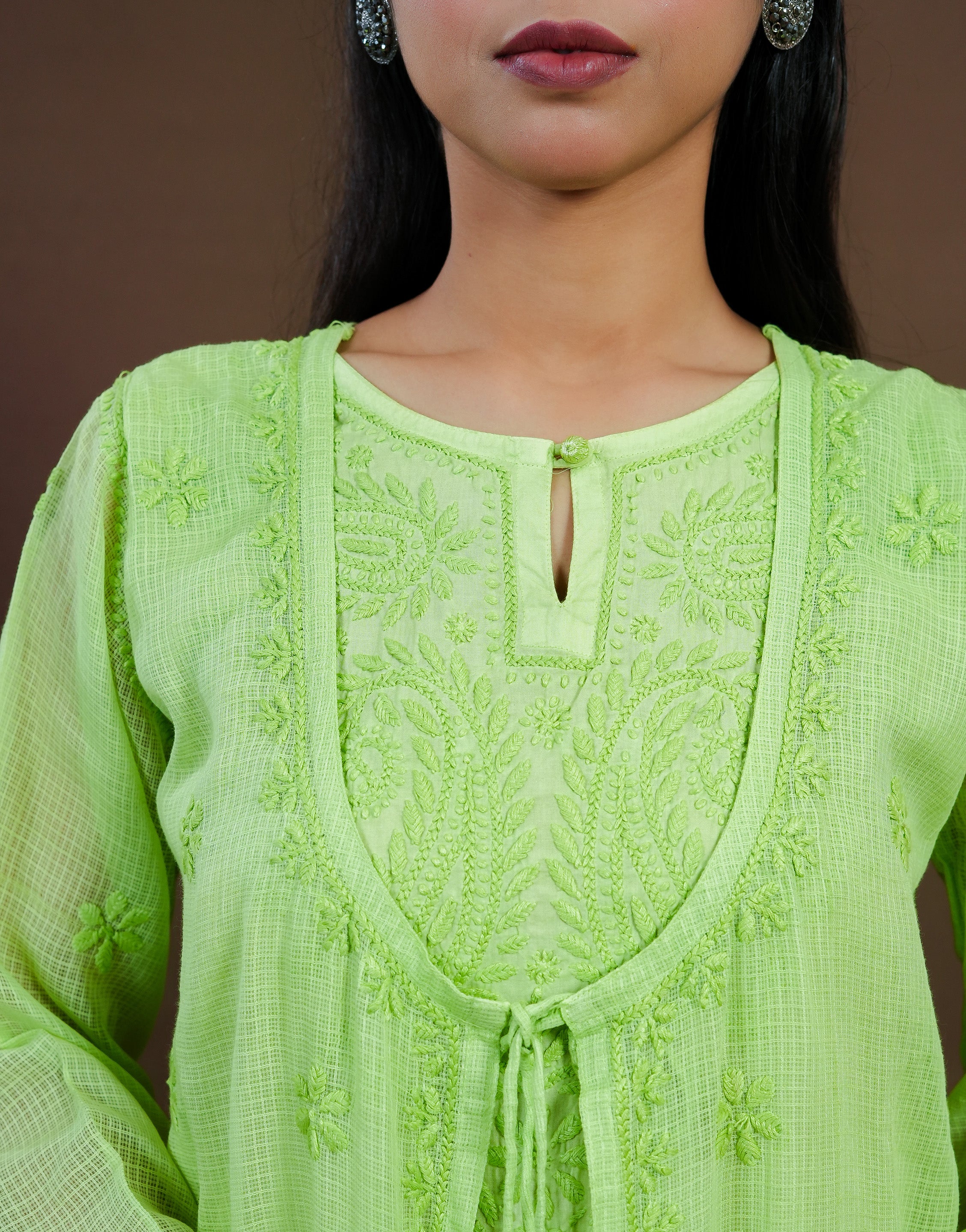 Urviya Chikankari Kota Doria Long Kurti - Shrug Style Green