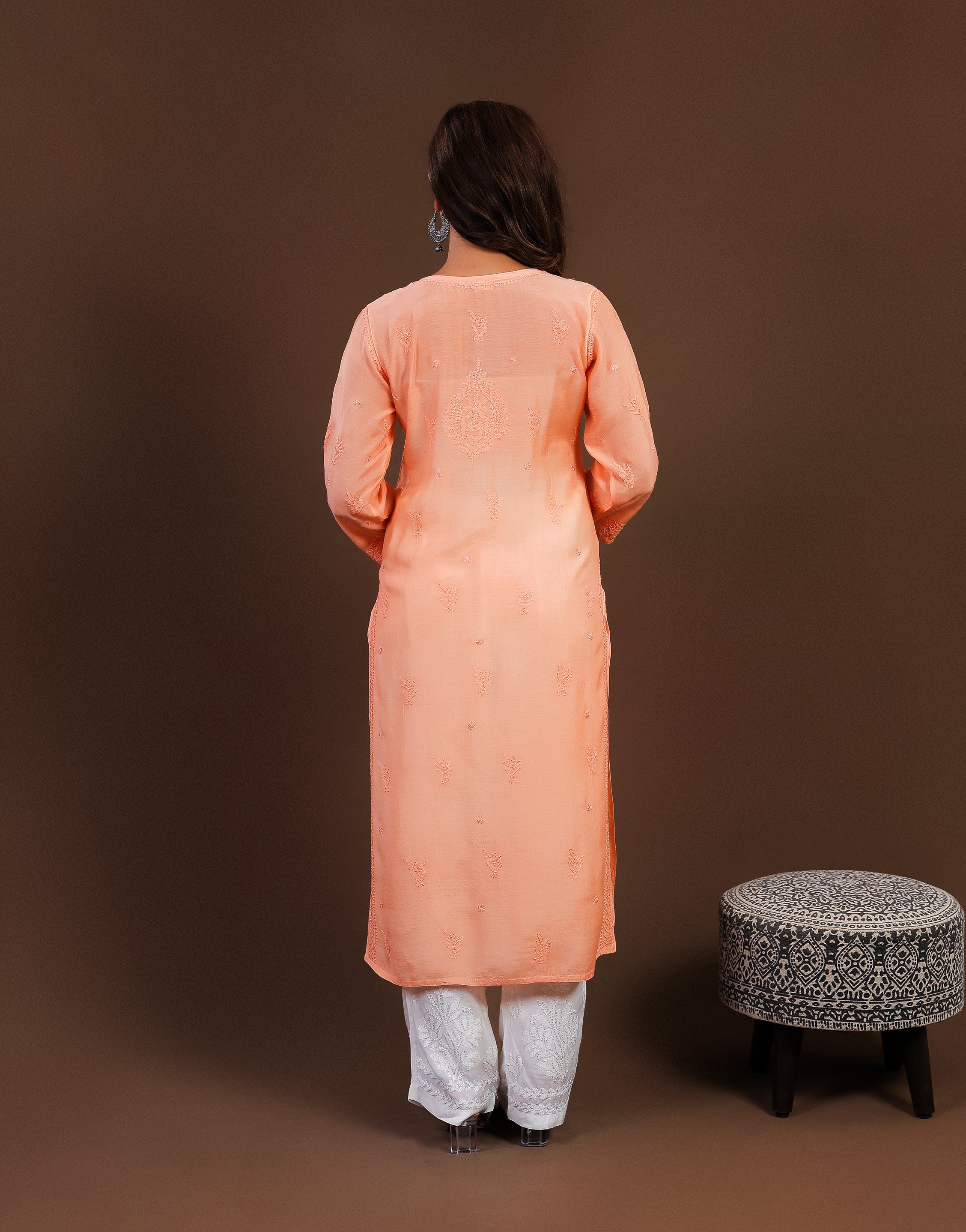Urviya Chikankari Muslin Long Kurti - Bakhiya Gala Boota Peach
