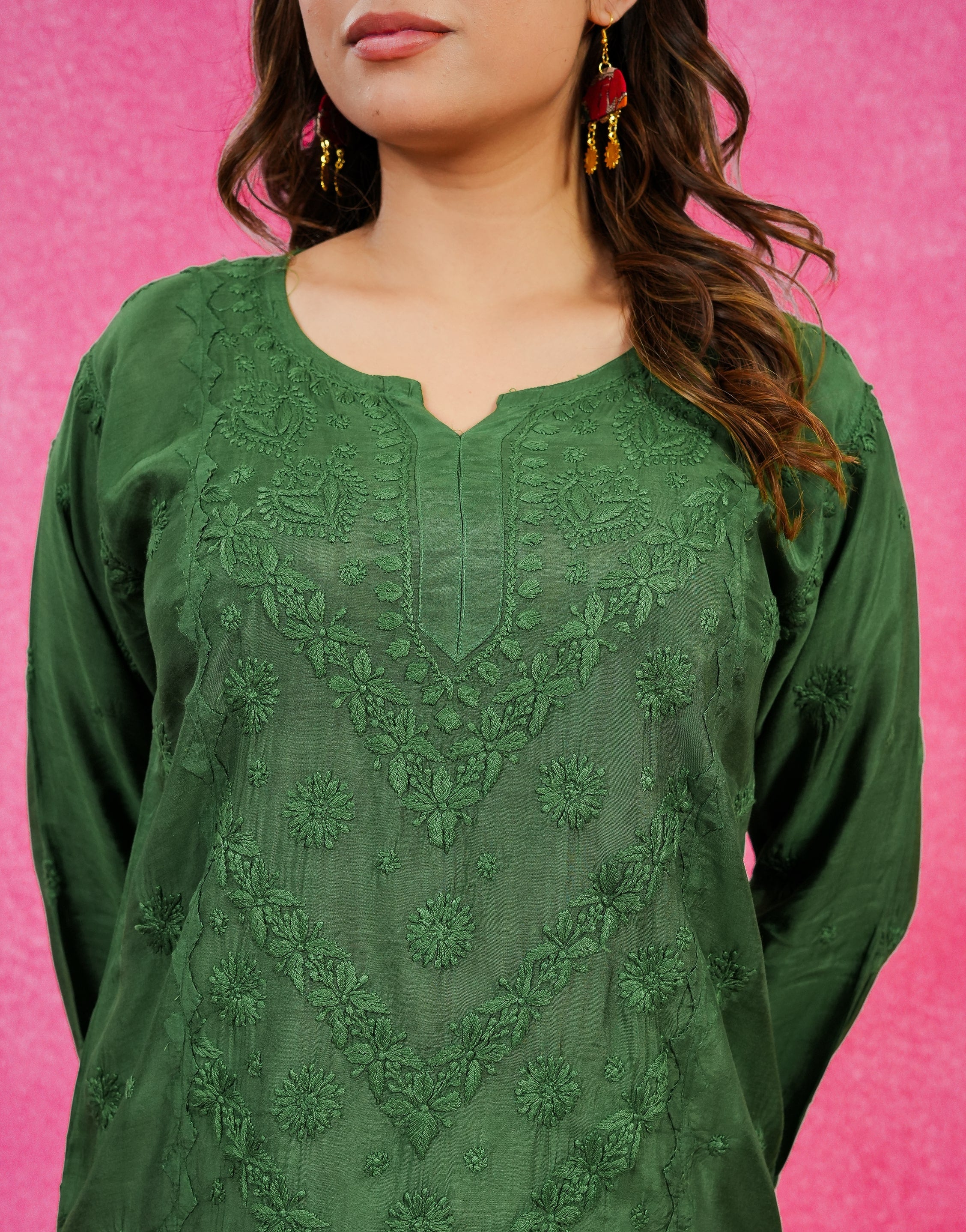 Chikankari Muslin Daraj Short Kurti - Dark Green