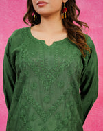 Urviya  Chikankari Muslin Short Kurti – Daraj Work Dark Green