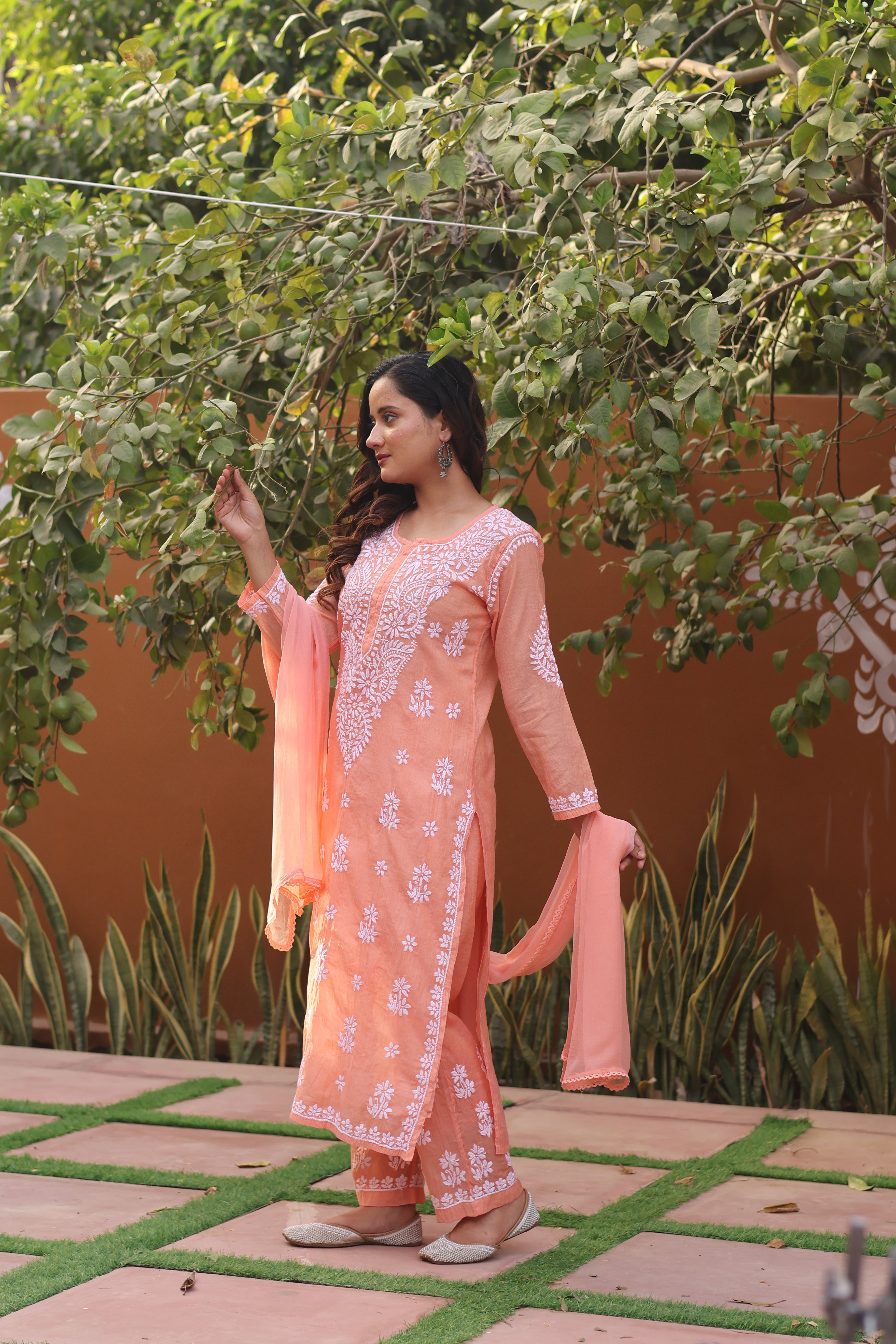 Peach Mul Chanderi Ghaspatti 3 Piece Set