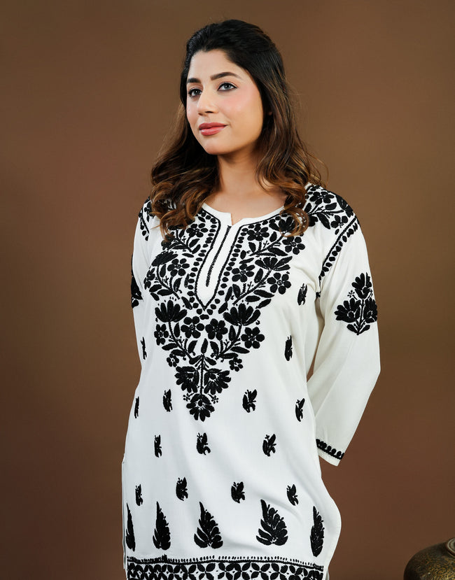 Urviya Chikankari Rayon Short Kurti White