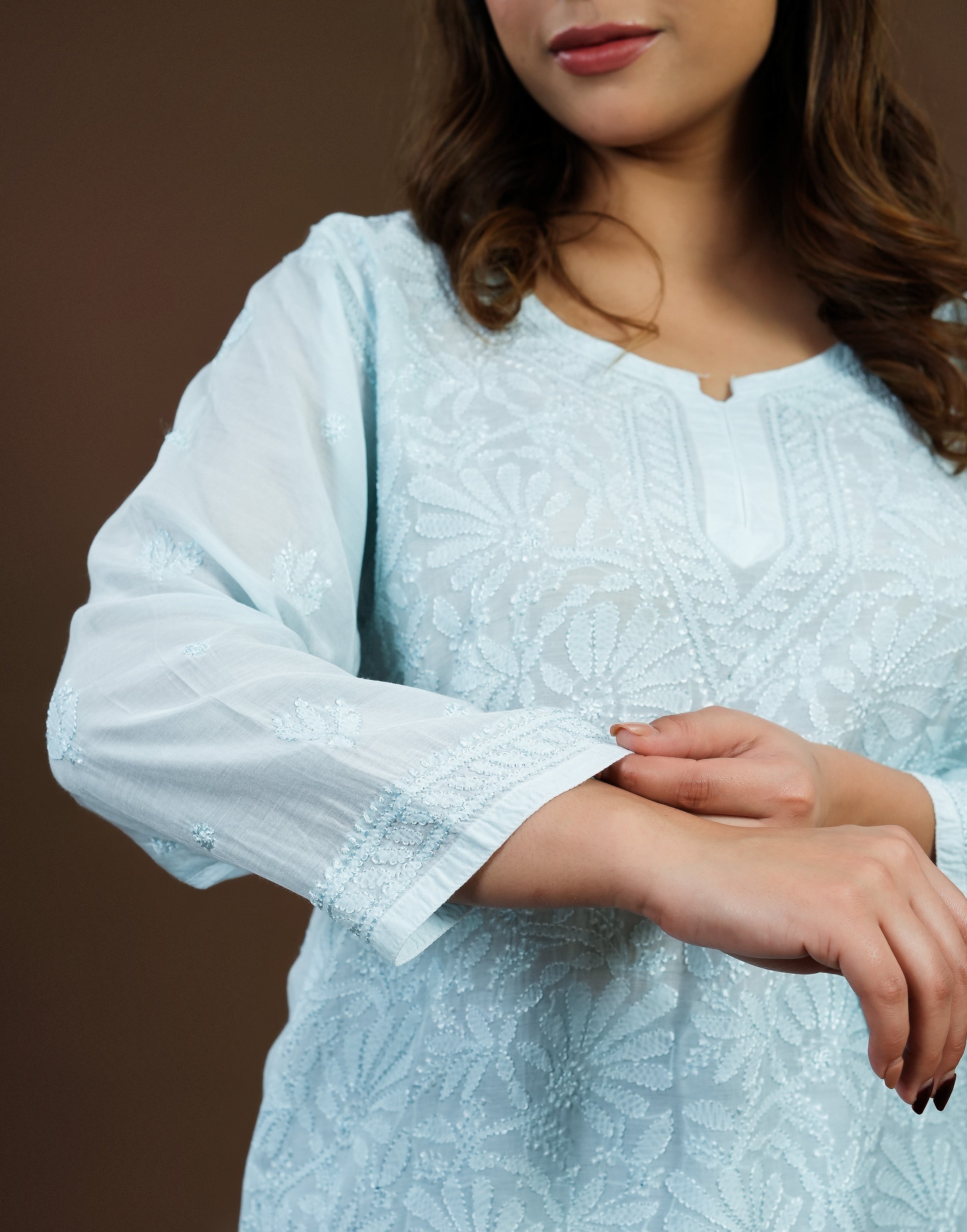 Chikankari Muslin Short Kurti Full Jaal - Blue