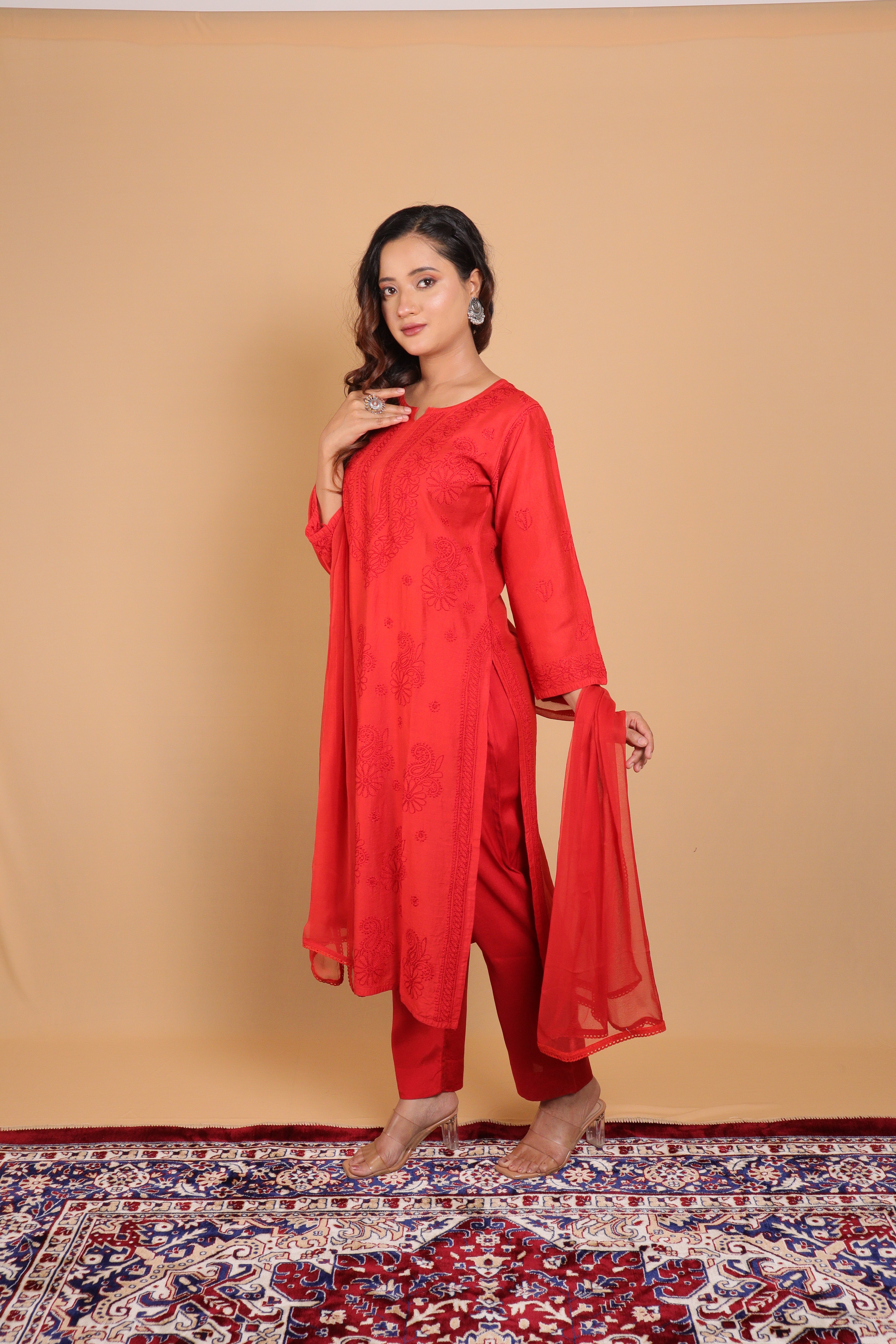 Red Chanderi Long Kurti 2 Piece Set