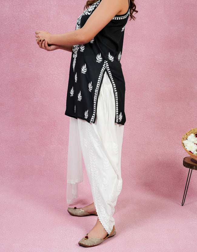 Urviya Chikankari Modal Short Kurti - Spaghetti Strap Top Black