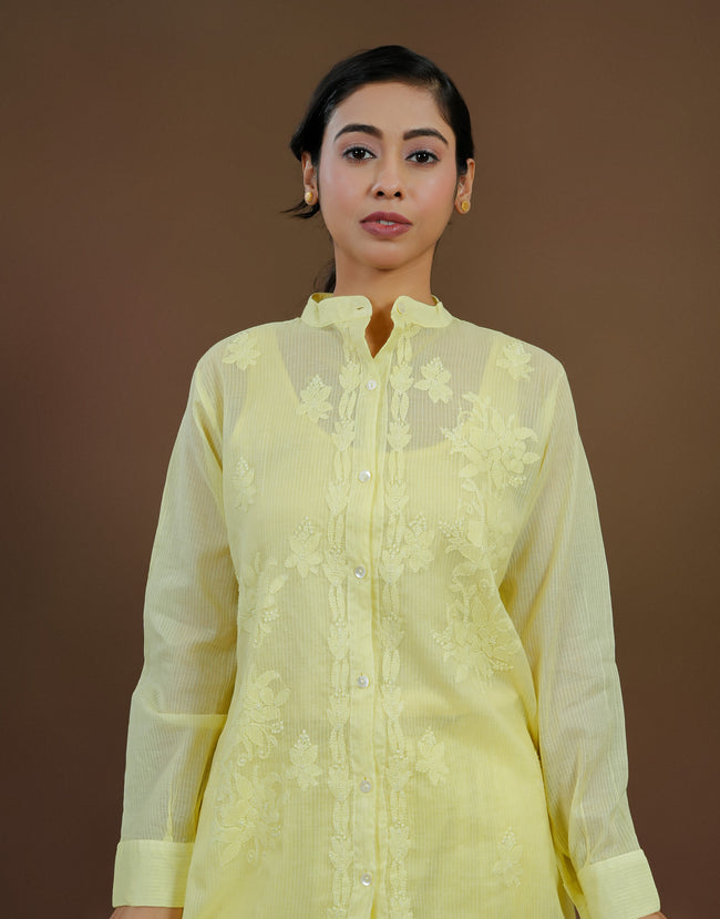 Urviya Chikankari Co-ord Set Maheshwari Cotton Lemon Yellow