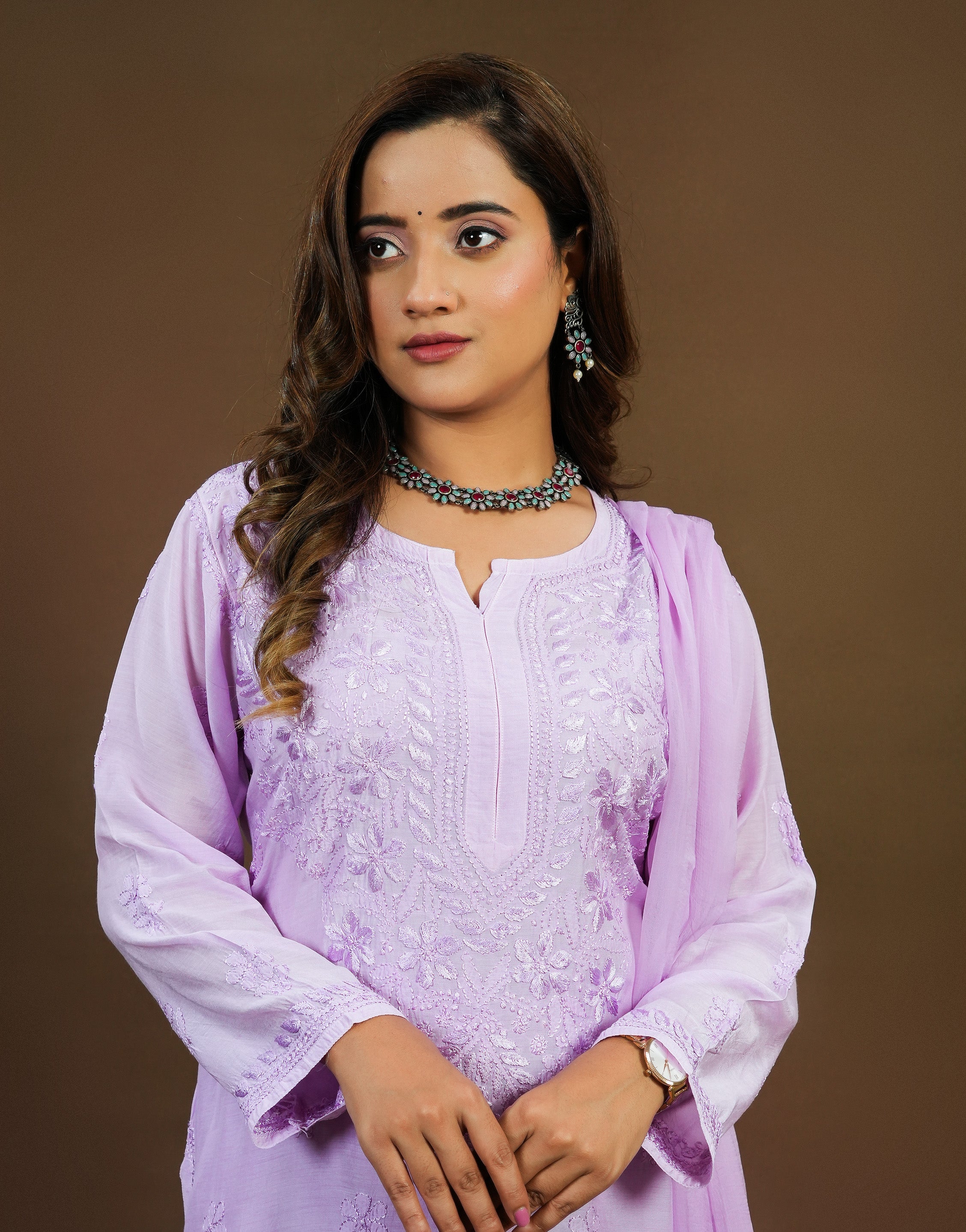 Urviya Chikankari Muslin 3 piece set - Bakhiya Ghaaspatti Work and Gala Boota Purple