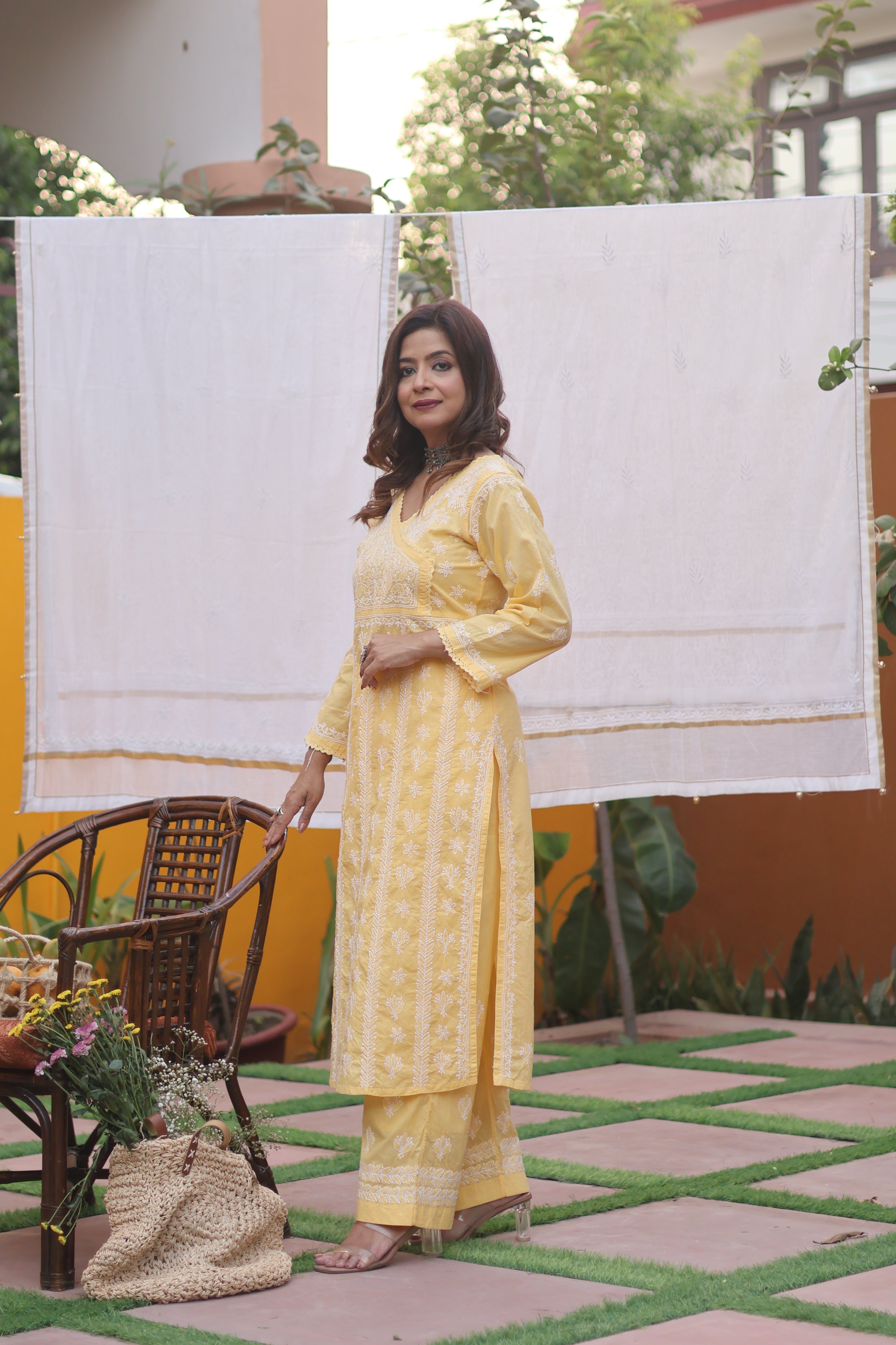 Yellow Angarkha Cotton 3 Piece Set