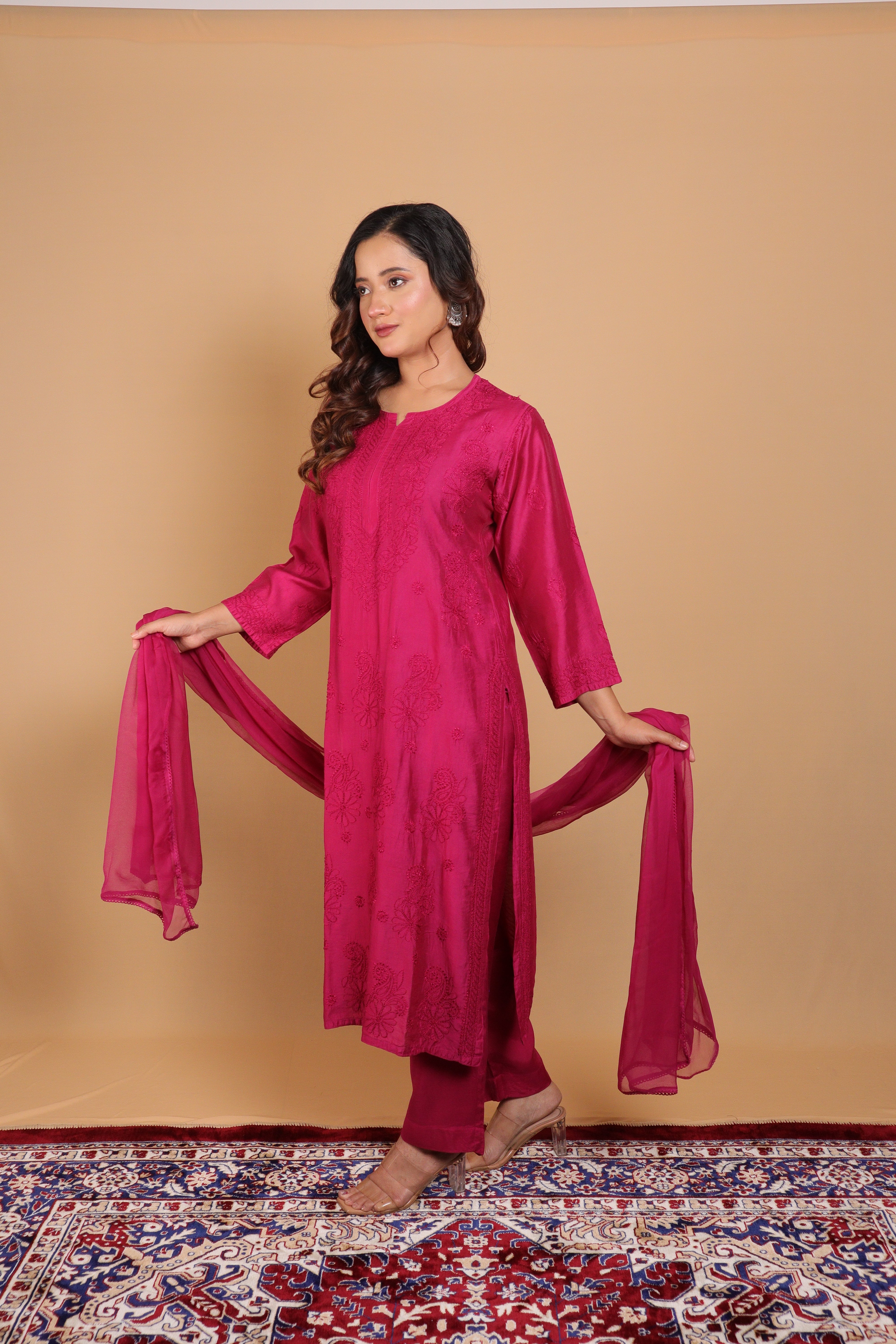 Purple Chanderi Long Kurti 3 Piece Set