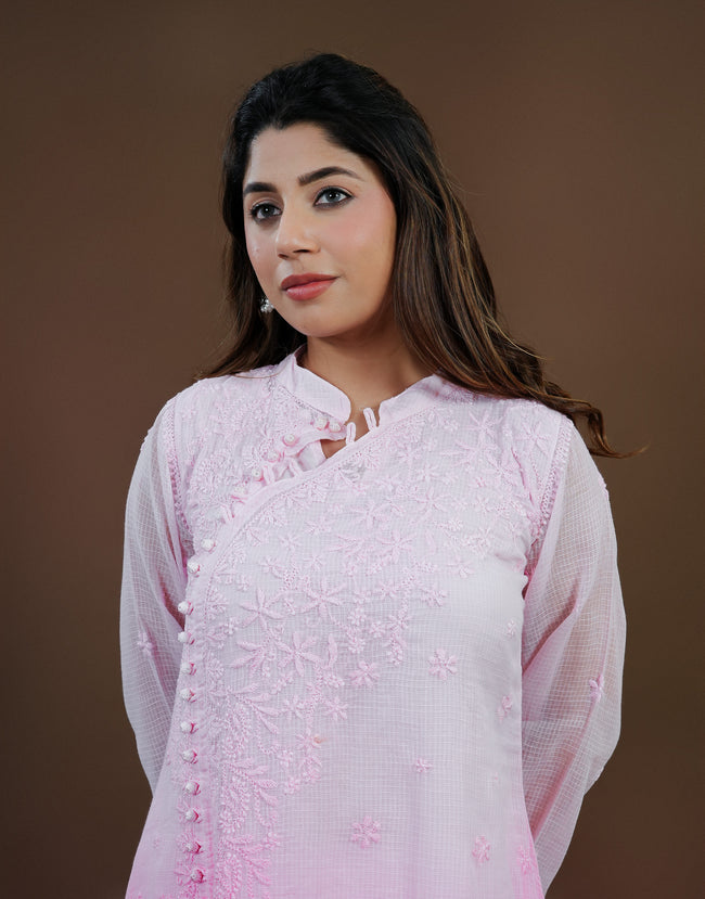Urviya Chikankari Kota Doria Long Kurti - Side Button Pink Ombre