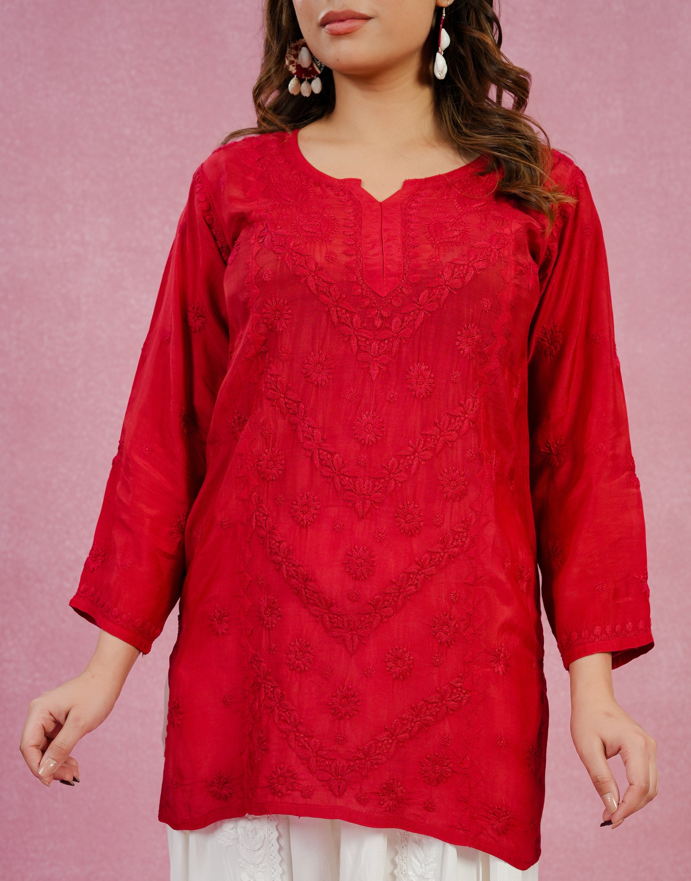 Chikankari Muslin Daraj Short Kurti - Red