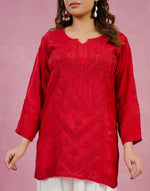 Urviya  Chikankari Muslin Short Kurti – Daraj Work Red