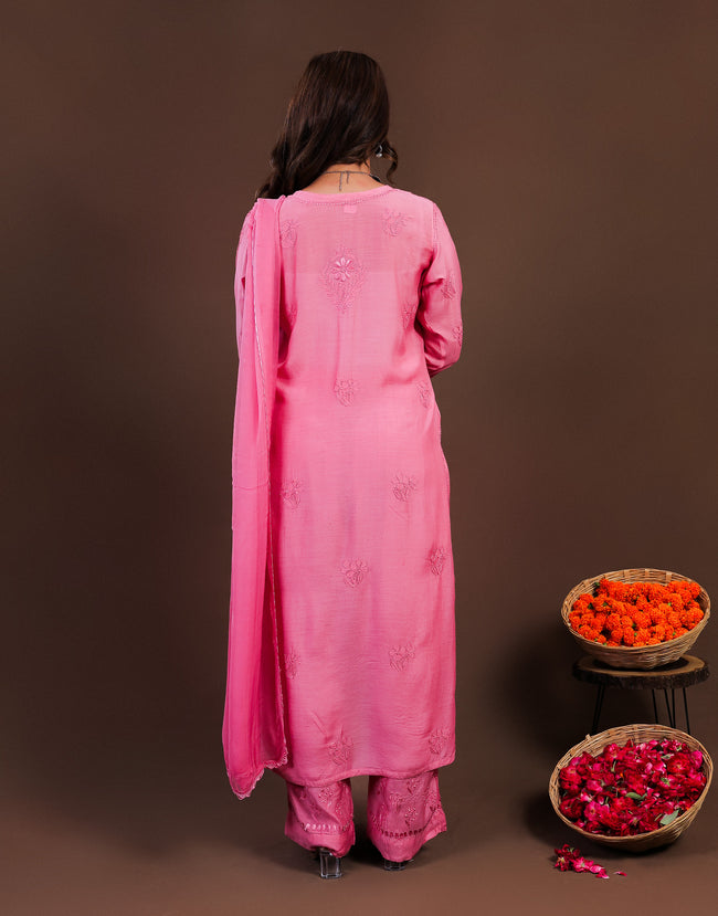 Urviya Chikankari Muslin 3 piece set - Bakhiya Ghaaspatti Work and Gala Boota Brick Red