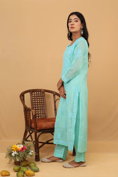 Sea Blue Mul Chanderi Long Kurti 3 Piece Set