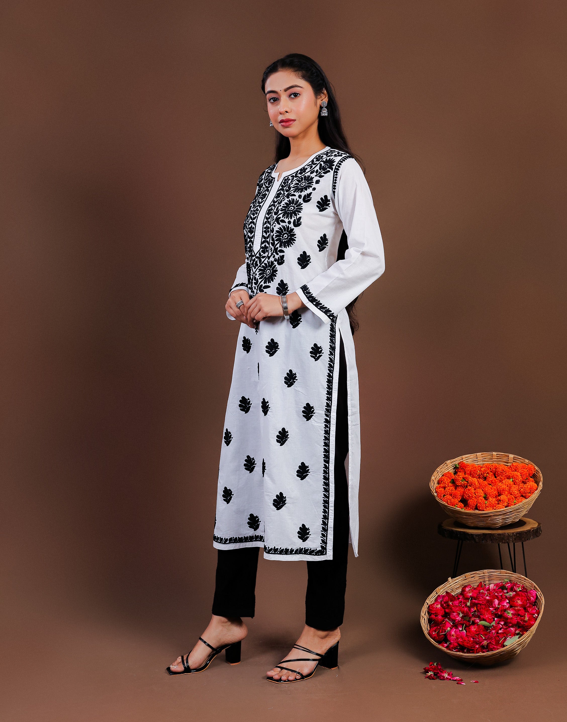 Urviya Chikankari Long Kurti Cambric Cotton - Black Thread on White