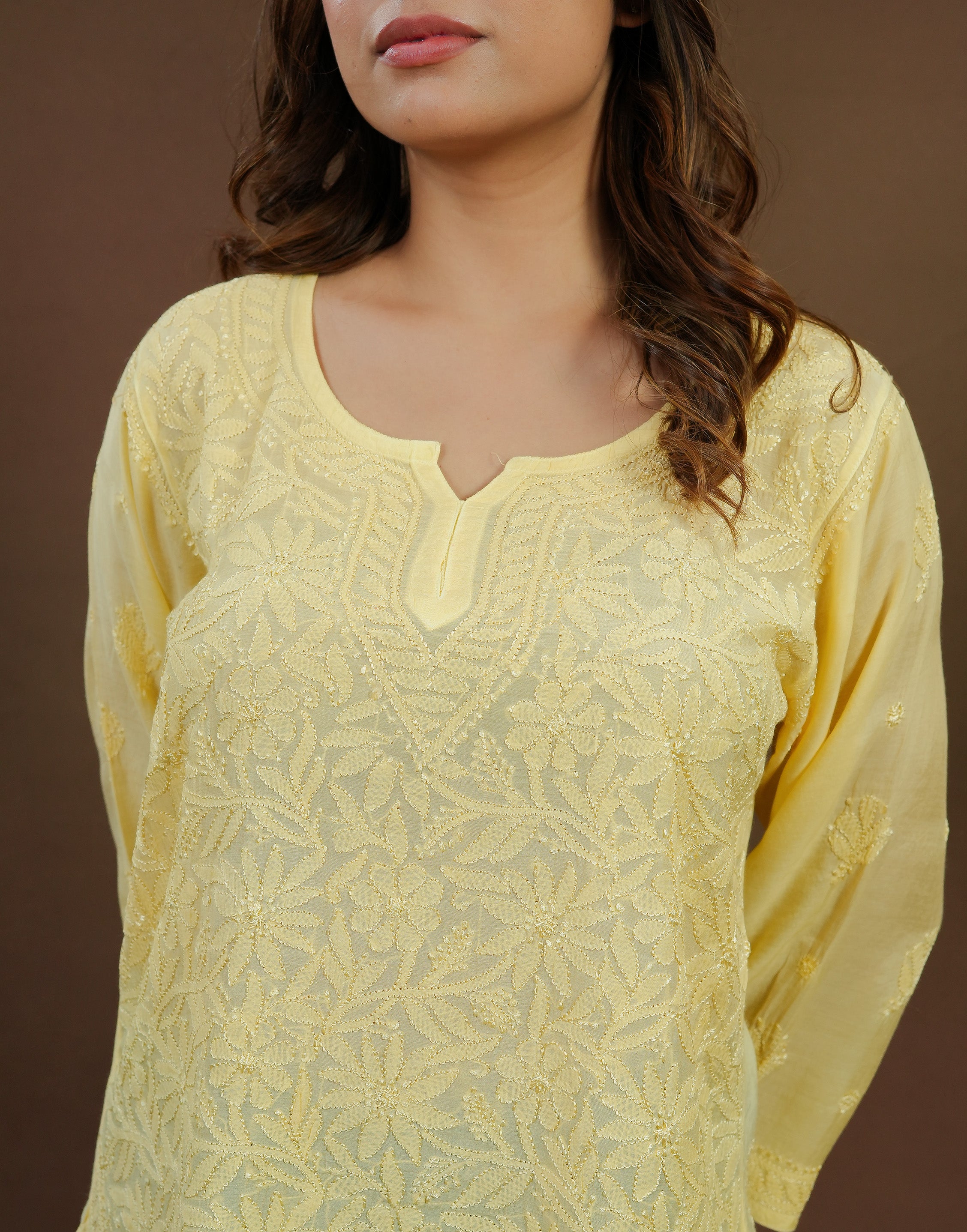 Chikankari Muslin Short Kurti Full Jaal - Yellow