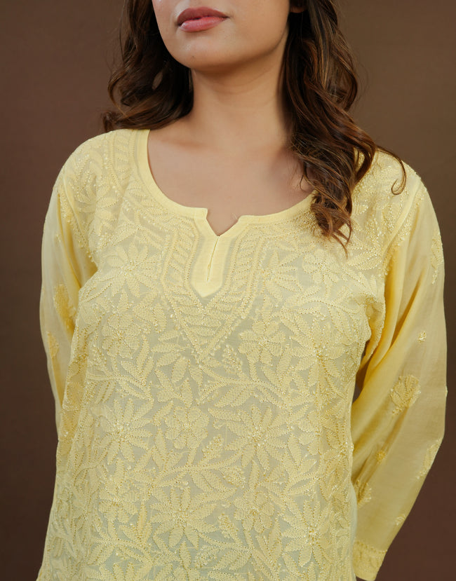 Urviya Chikankari Muslin Short Kurti - Silk Thread Full Jaal Work Yellow