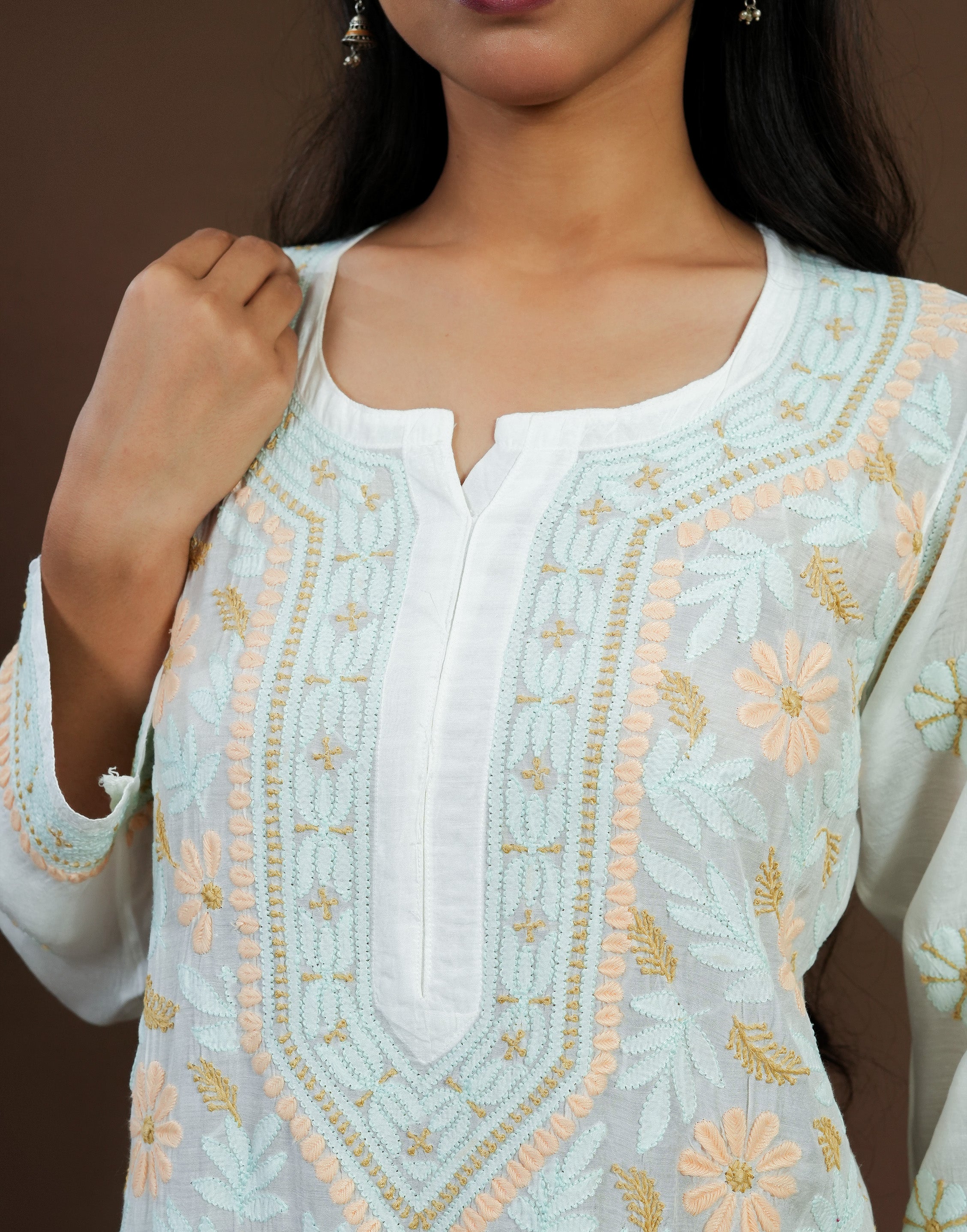 Urviya Chikankari Muslin Long Kurti Blue -  Colour Thread