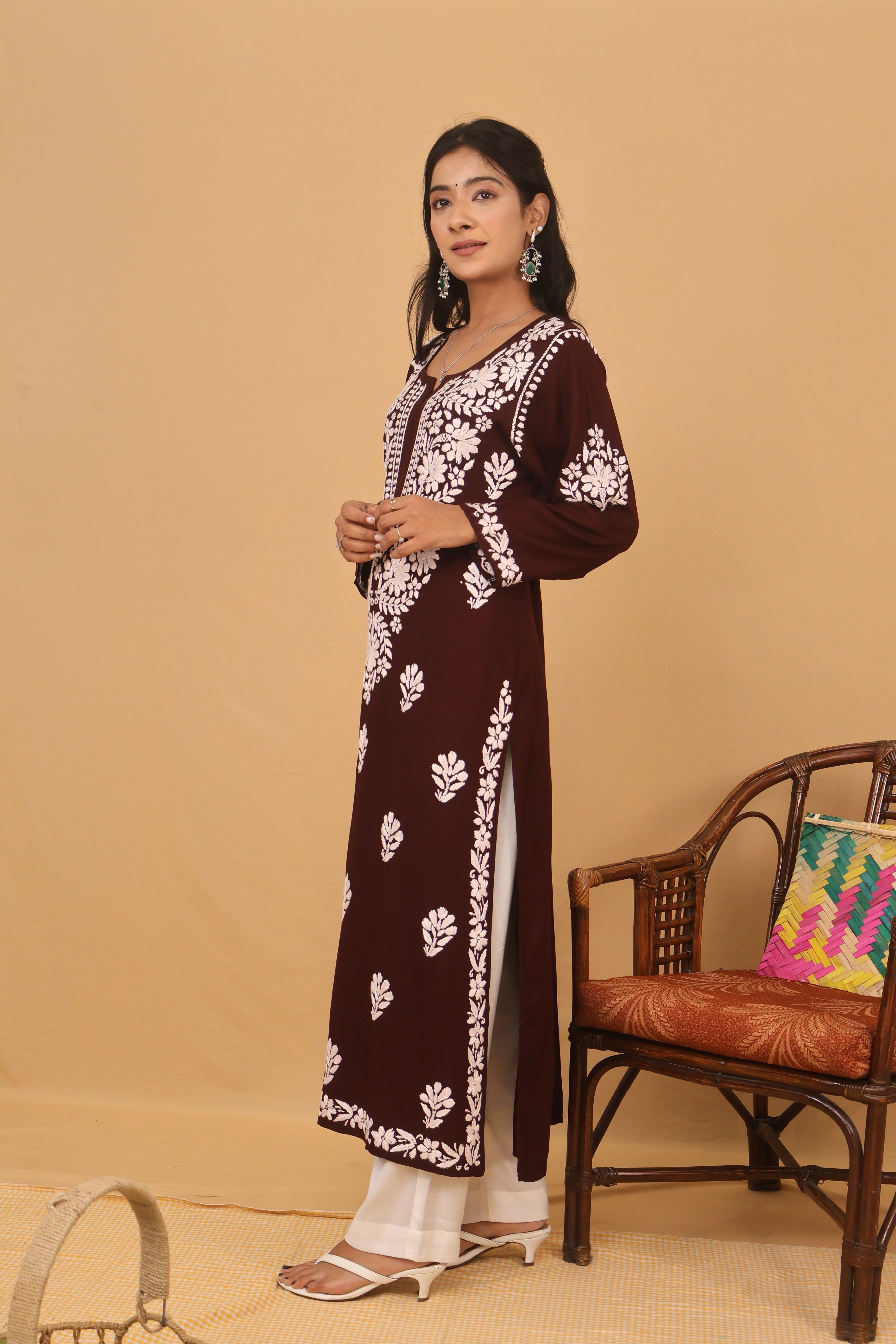 Brown Rayon White Long Kurti