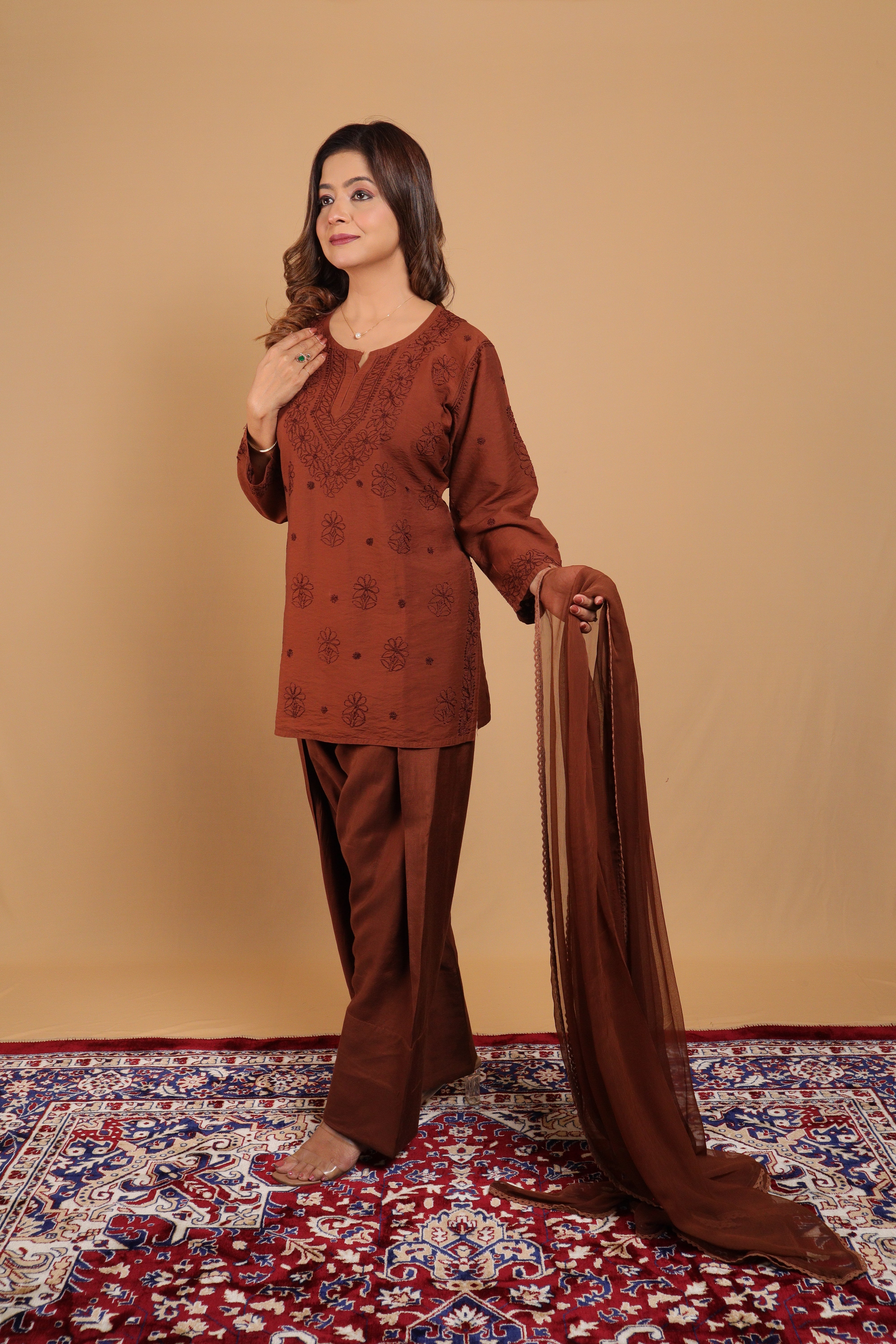 Brown Chanderi Short Kurti 2 Piece Set