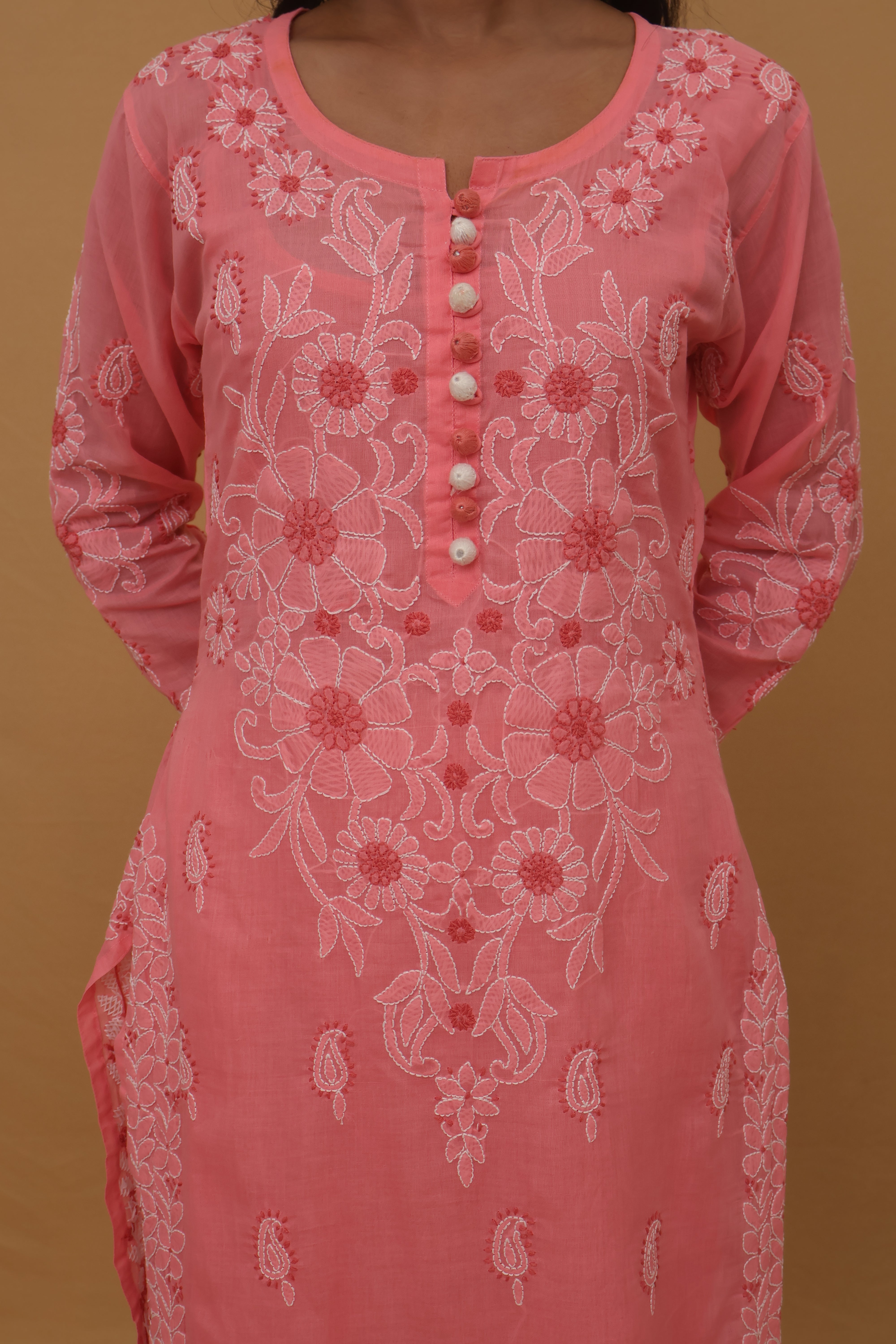 Pink Cotton Kurti with Buttons 3 Piece Set