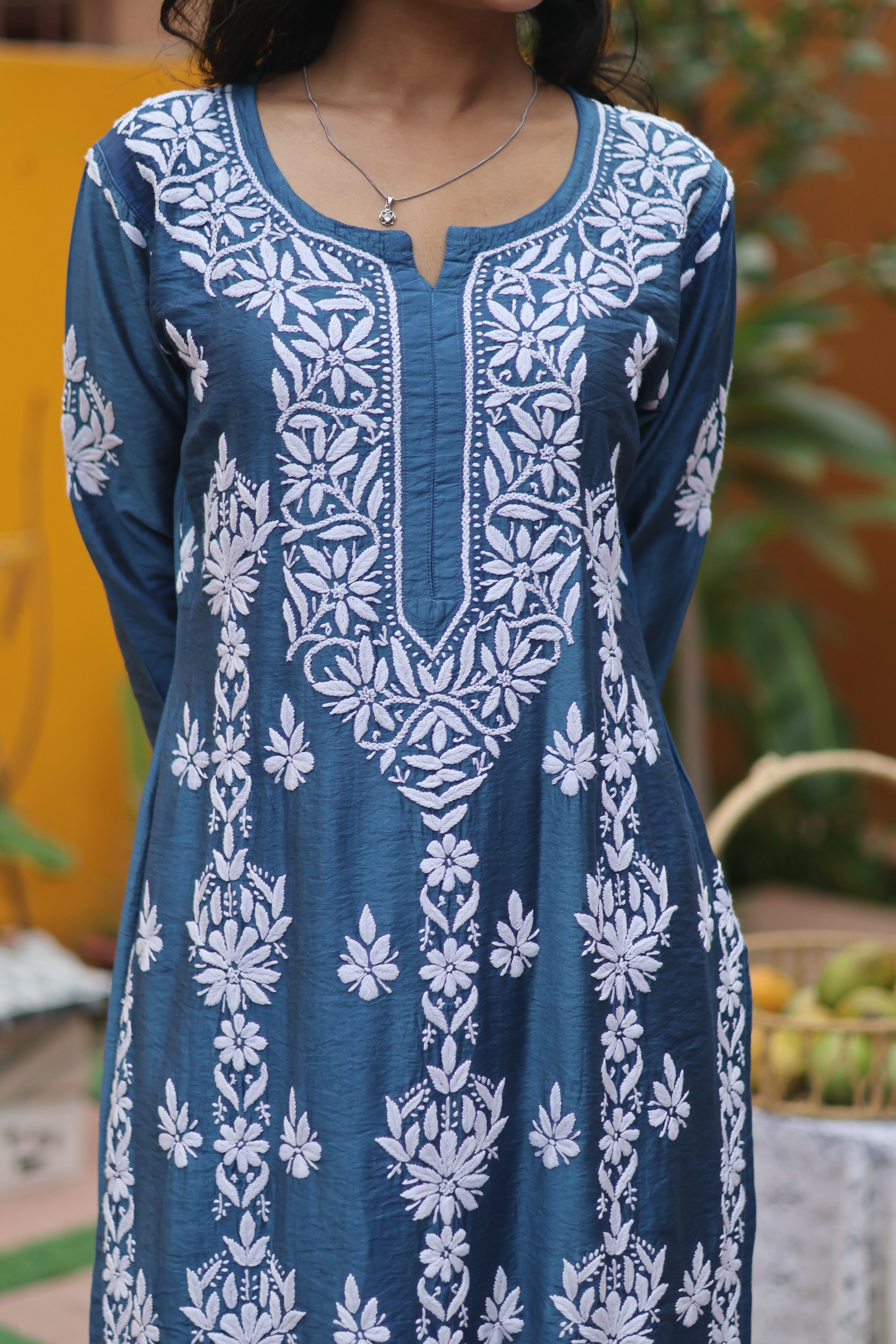 Blue Chanderi White Thread Ghaaspatti 3 Piece Set