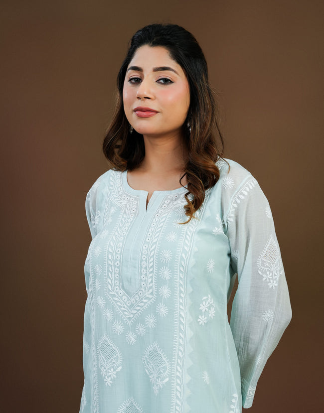 Urviya Chikankari Mul Chanderi Long Kurti – Straight Cut with Jaali Boota Light Blue