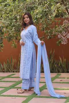 Blue Angarkha Cotton 3 Piece Set