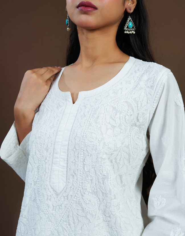 Urviya Chikankari Mul Cotton Long Kurti - Full Jaal White