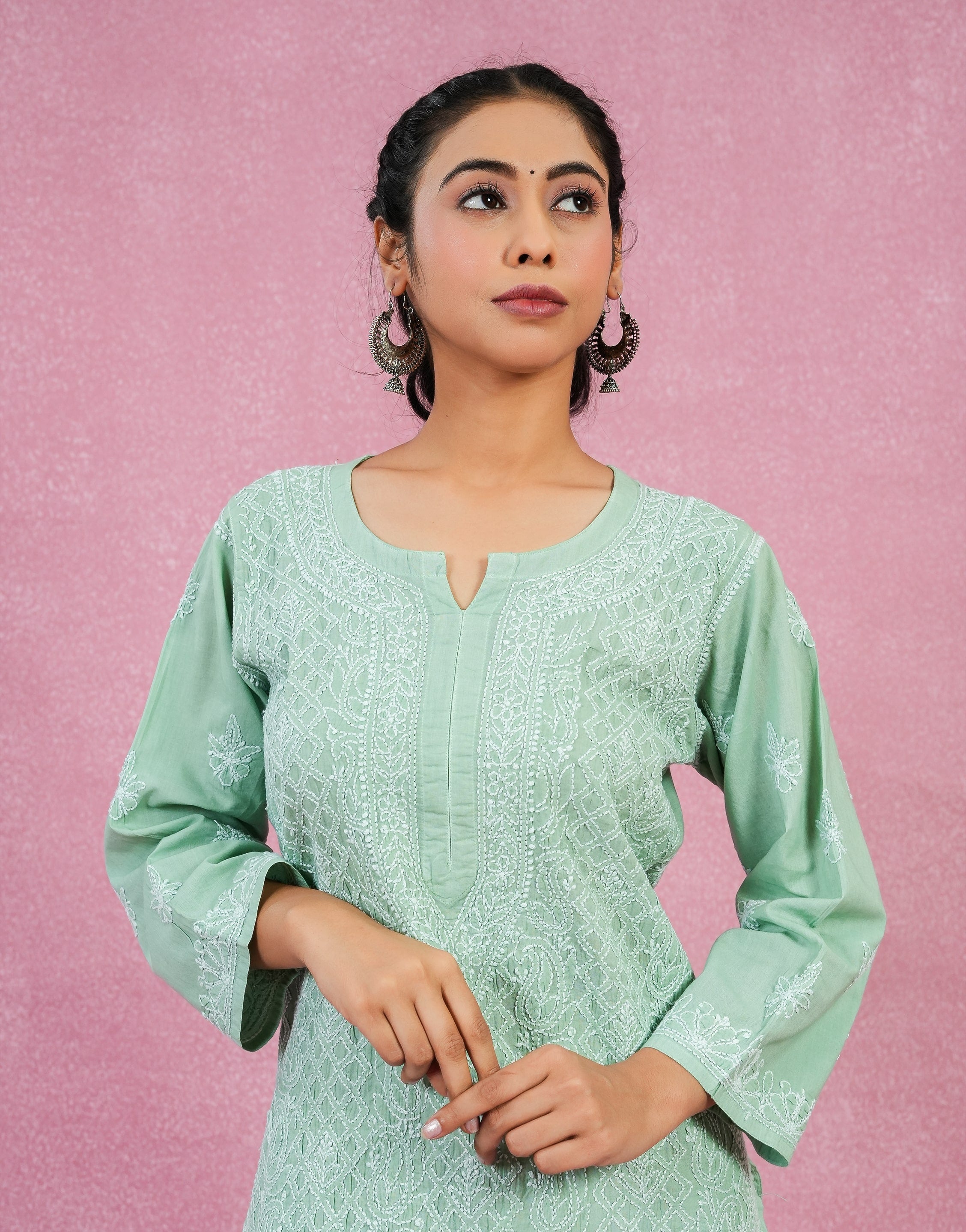 Urviya Chikankari Cotton Long Kurti Full Jaal Work Dark Green