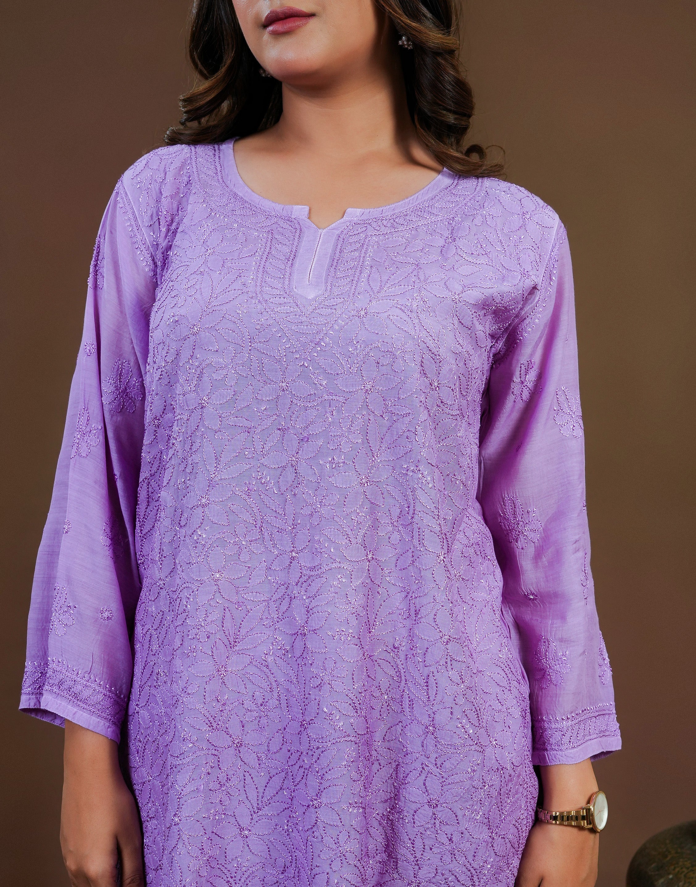 Purple Muslin Chikankari Short Kurti with Full Jaal Work
